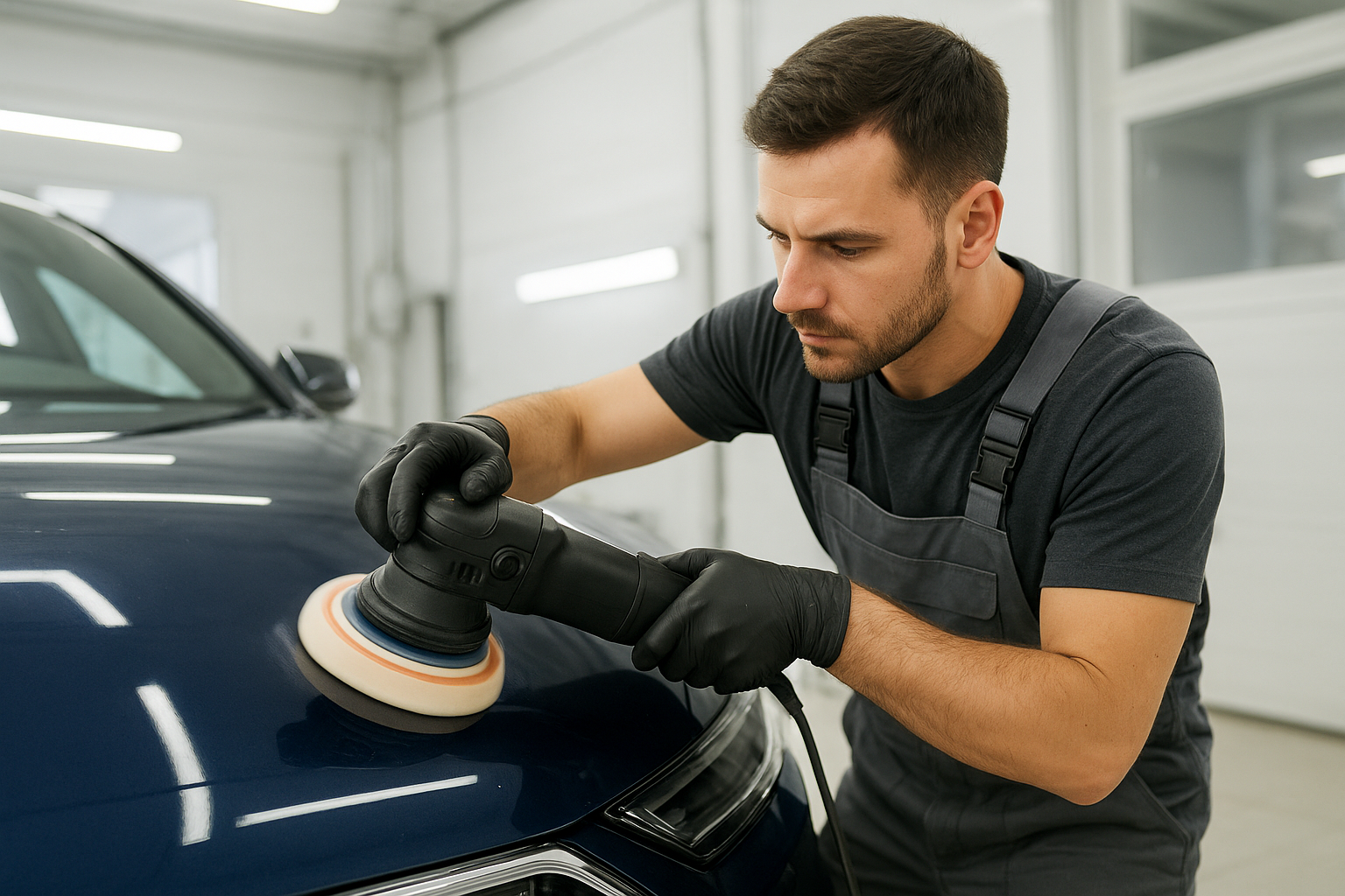 Auto body technician using a machine polisher for professional paint correction on a car