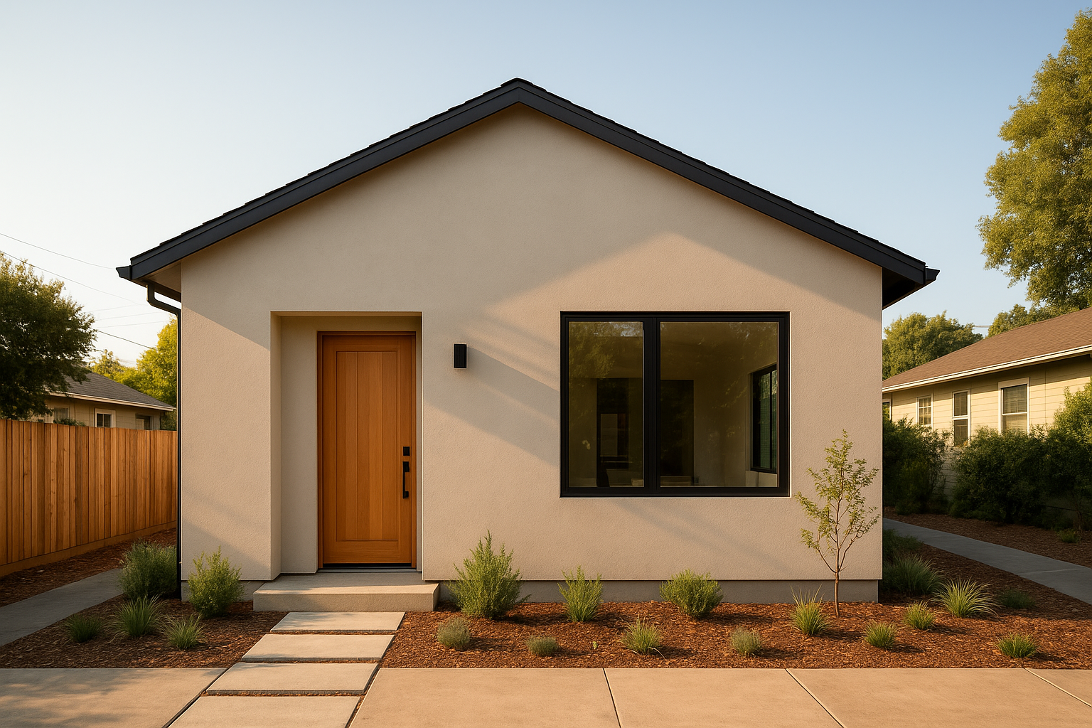 Completed 2-car garage ADU conversion with modern exterior finish and landscaped entry