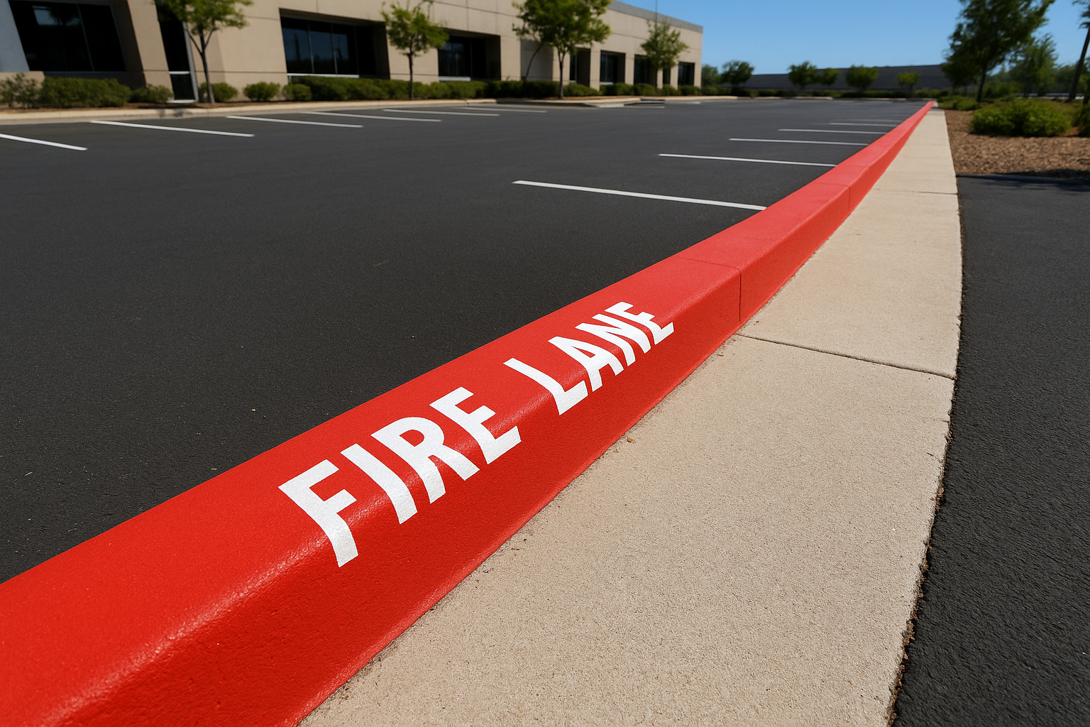 Fire lane painting companies plano tx applying red curb paint to commercial parking lot