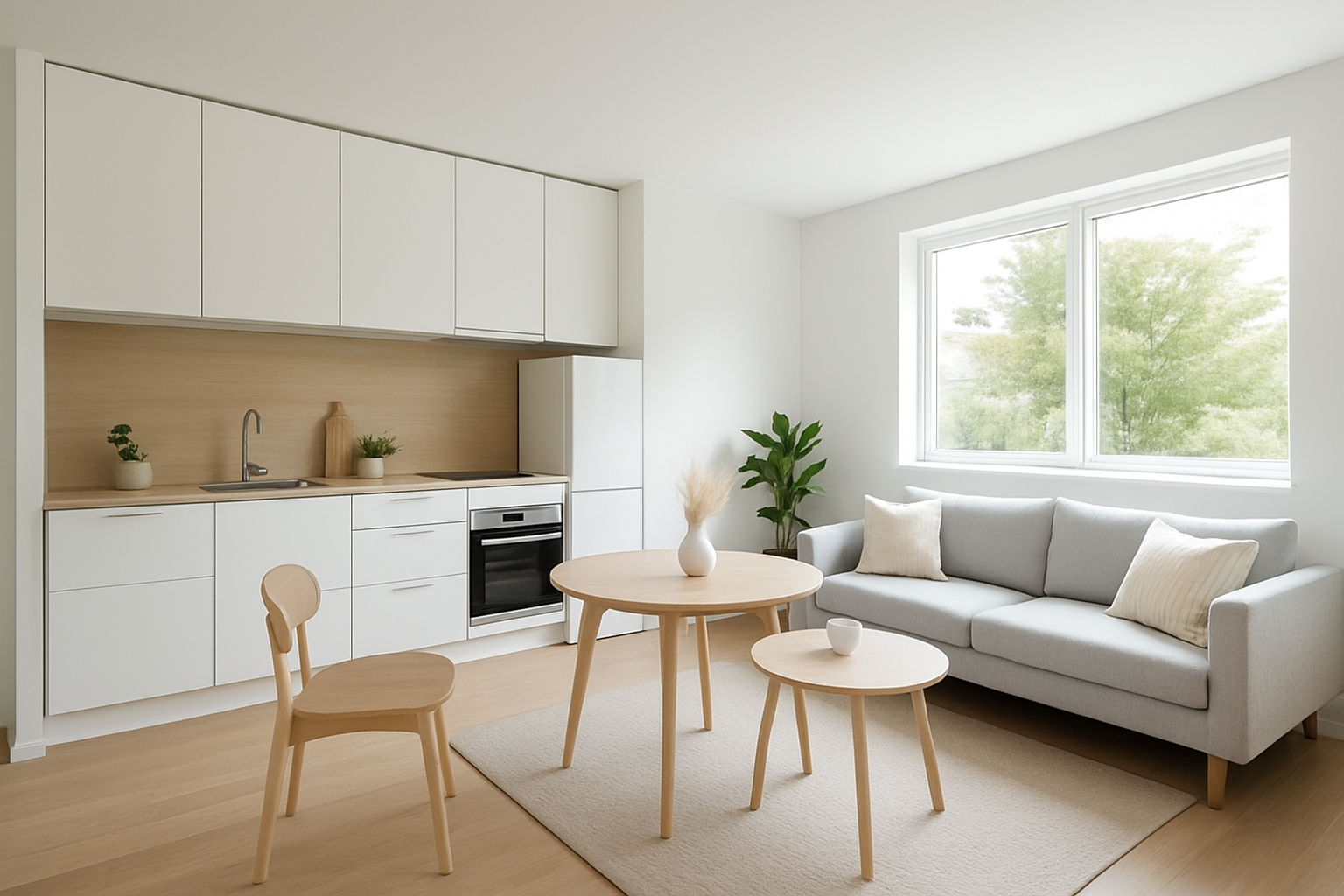 Interior of an affordable junior ADU with modern kitchen and natural light