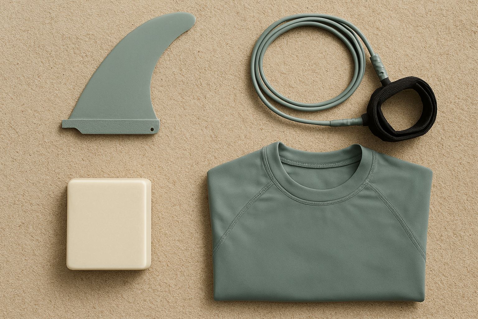 Surf gear flat lay showing fins, leash, wax, and rash guard recommendations