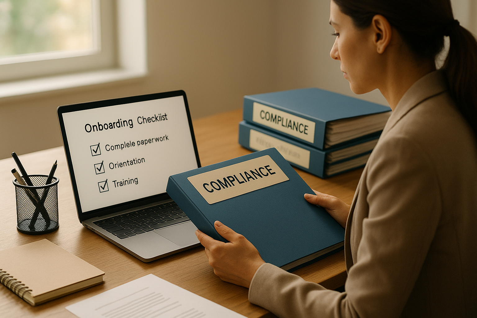 HR administrator organizing HR and admin compliance paperwork at a desk