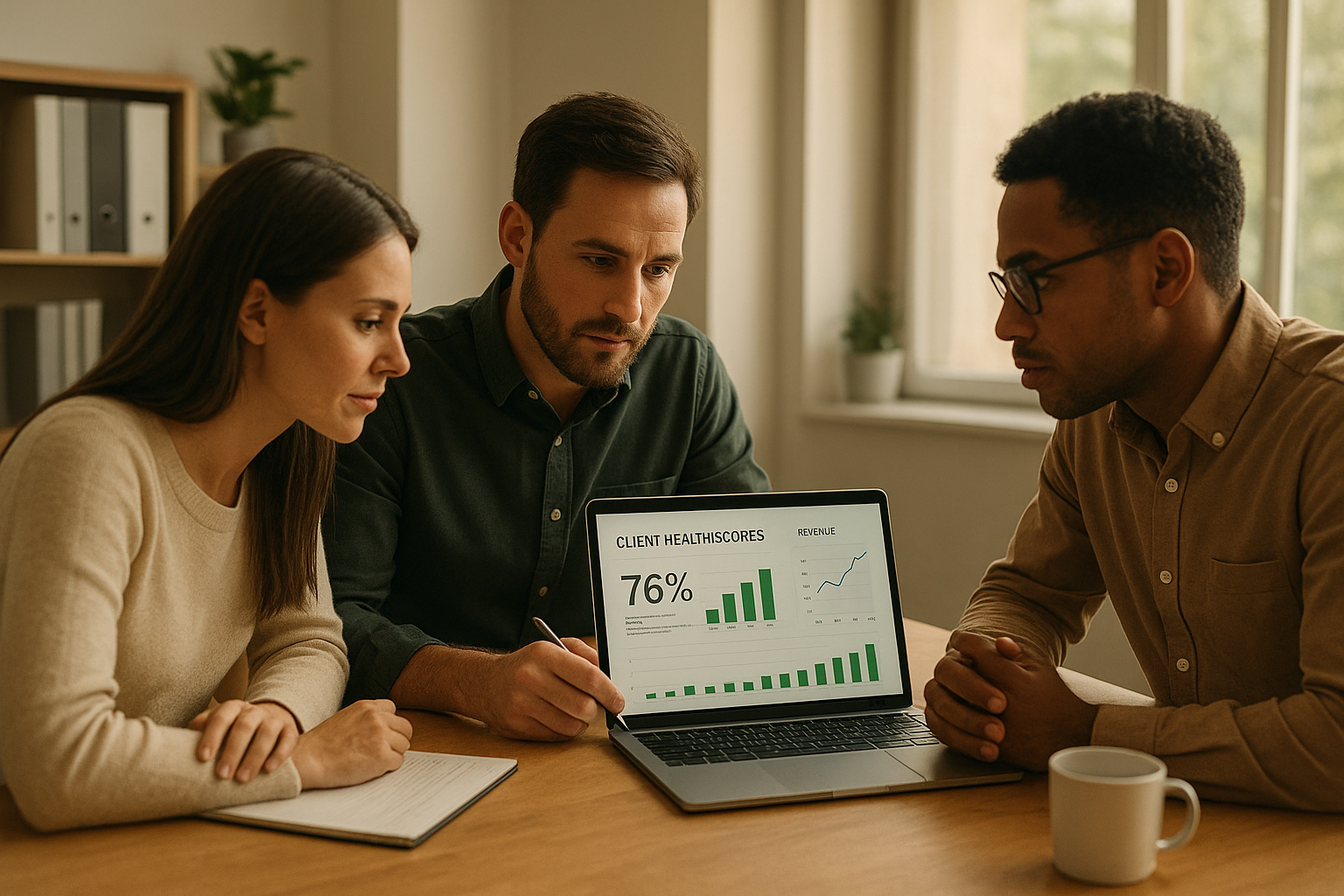 Account management team reviewing a client retention dashboard during a quarterly review