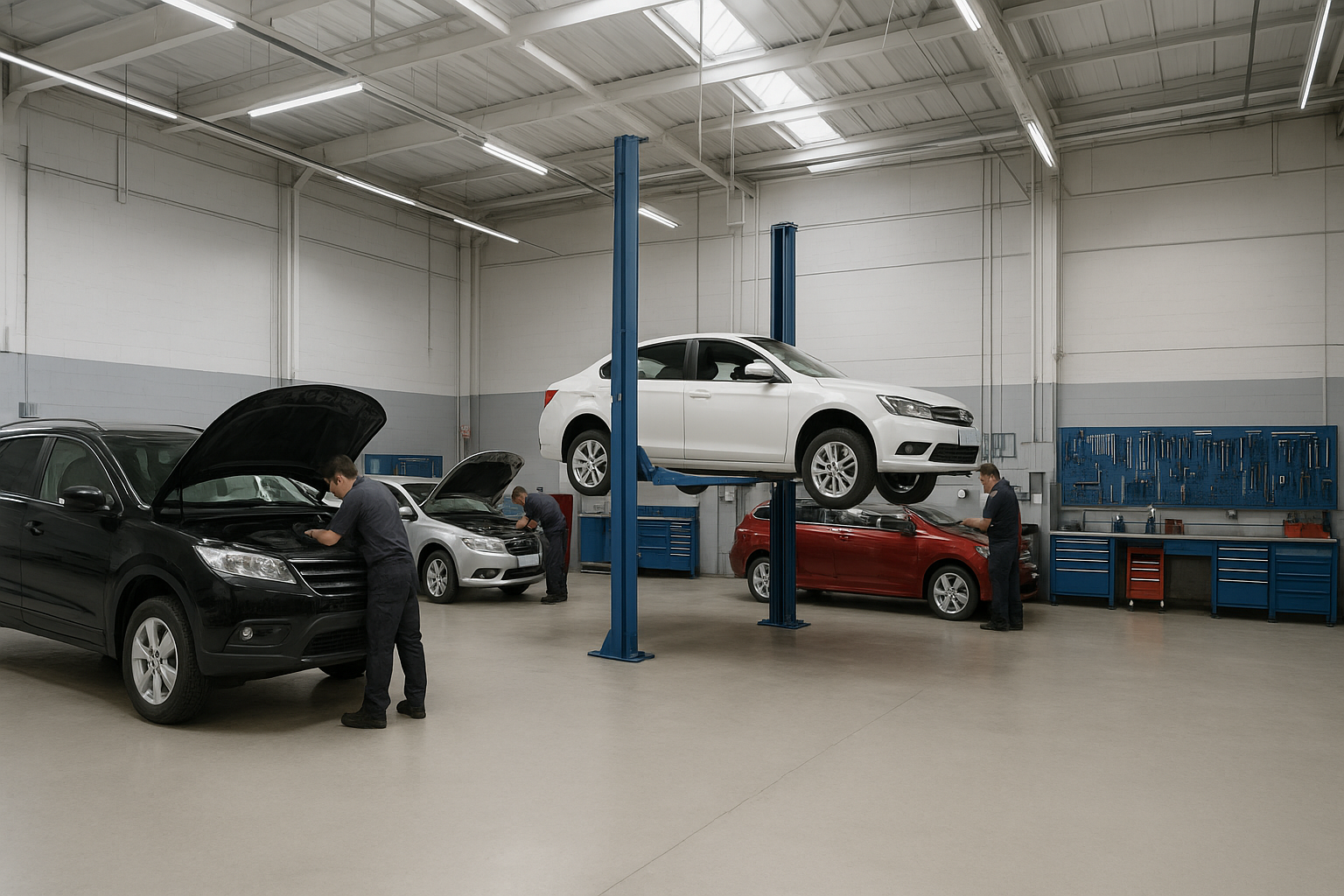 Well-lit professional local auto body shop with technicians repairing vehicles