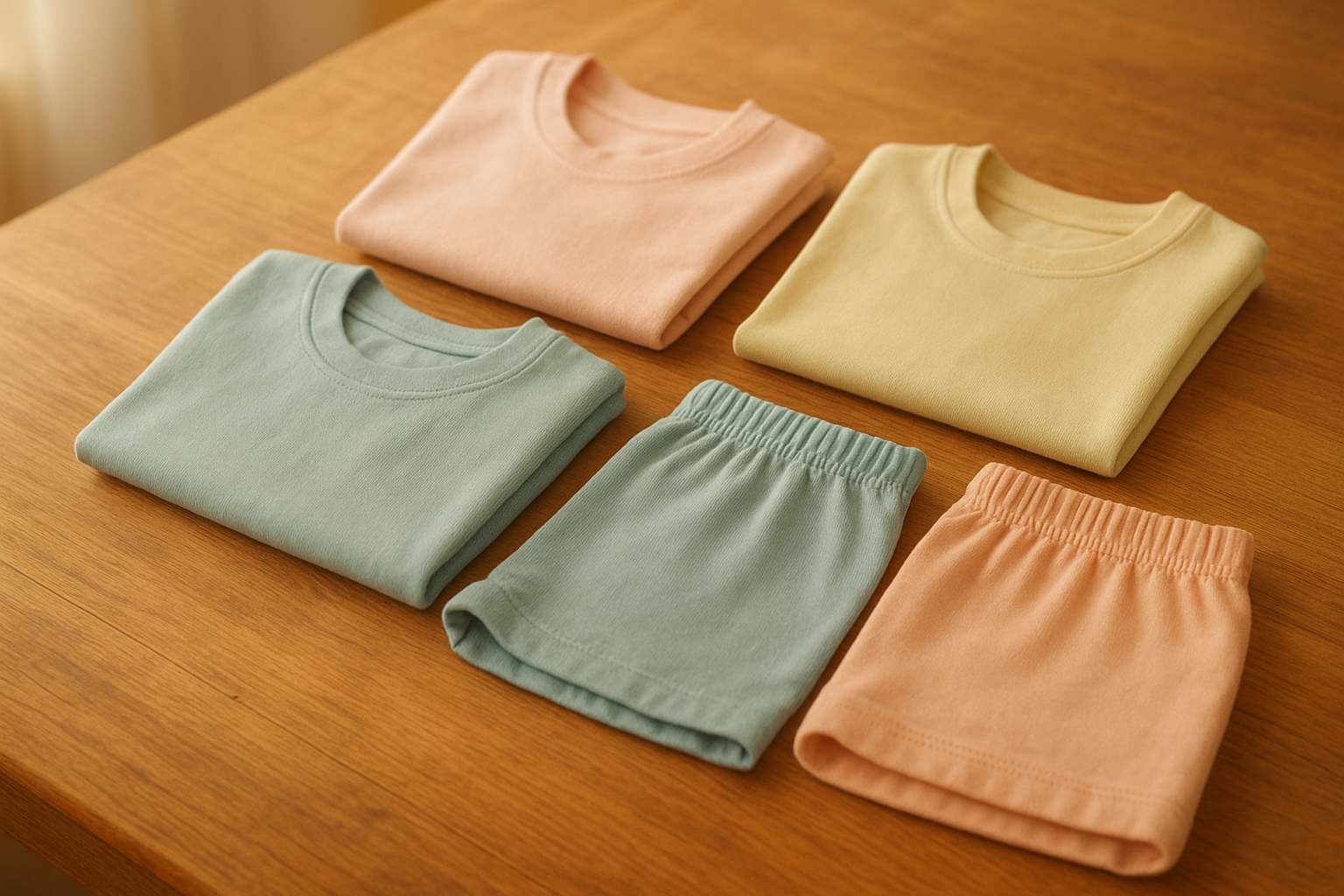 Folded pastel toddler clothing sets arranged for online shopping