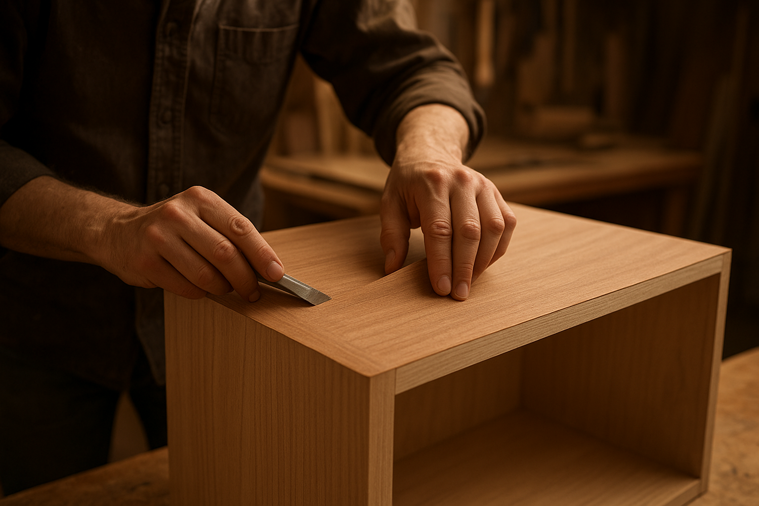Craftsperson applying wood veneer during a professional cabinet refacing process