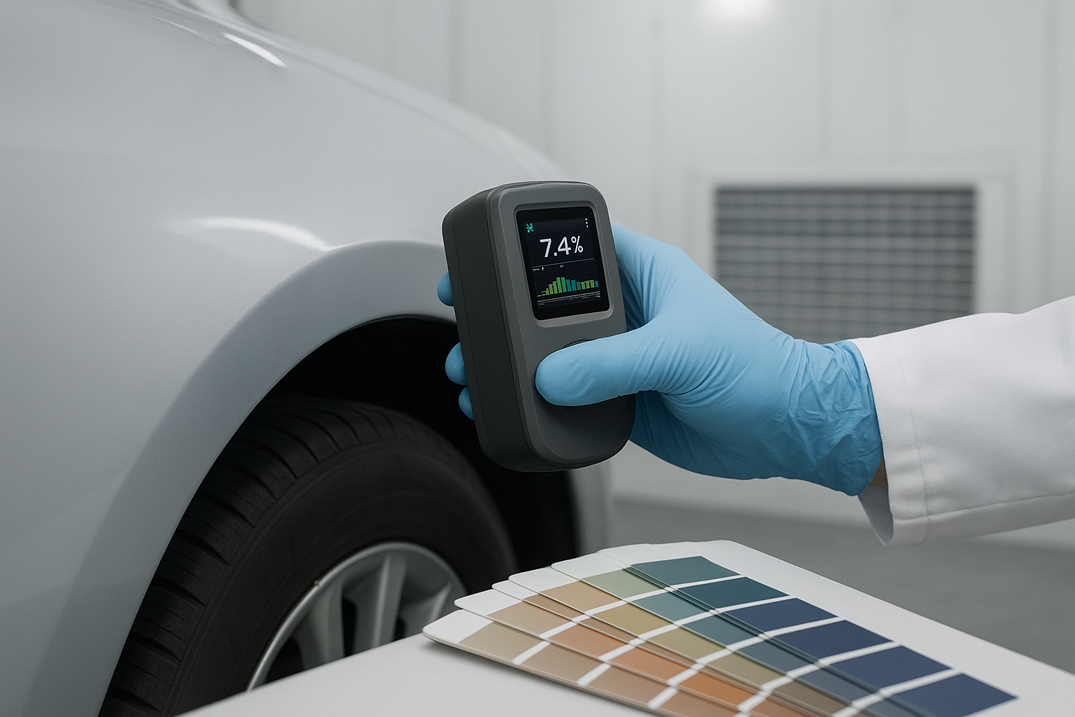 Technician using a digital paint matching scanner on a vehicle fender