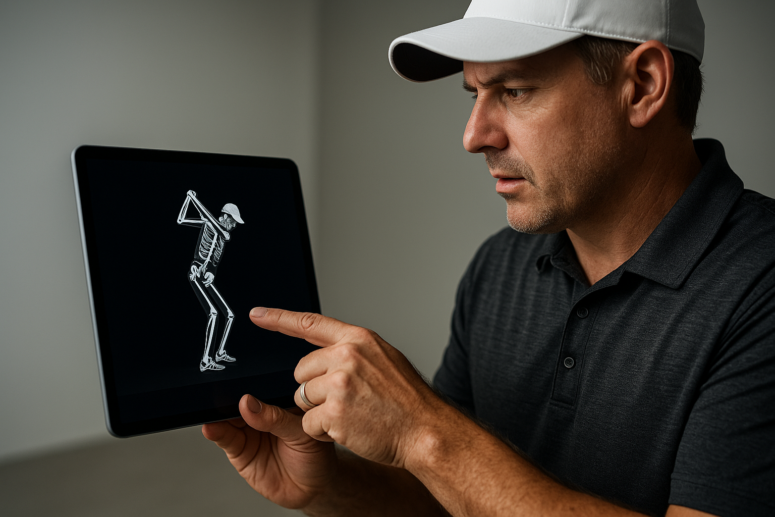 Coach reviewing biomechanical swing data as part of scientific golf swing coaching