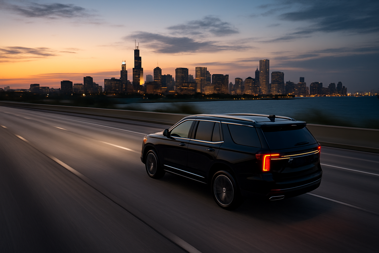 Executive SUV traveling along a highway for long-distance chauffeured transportation