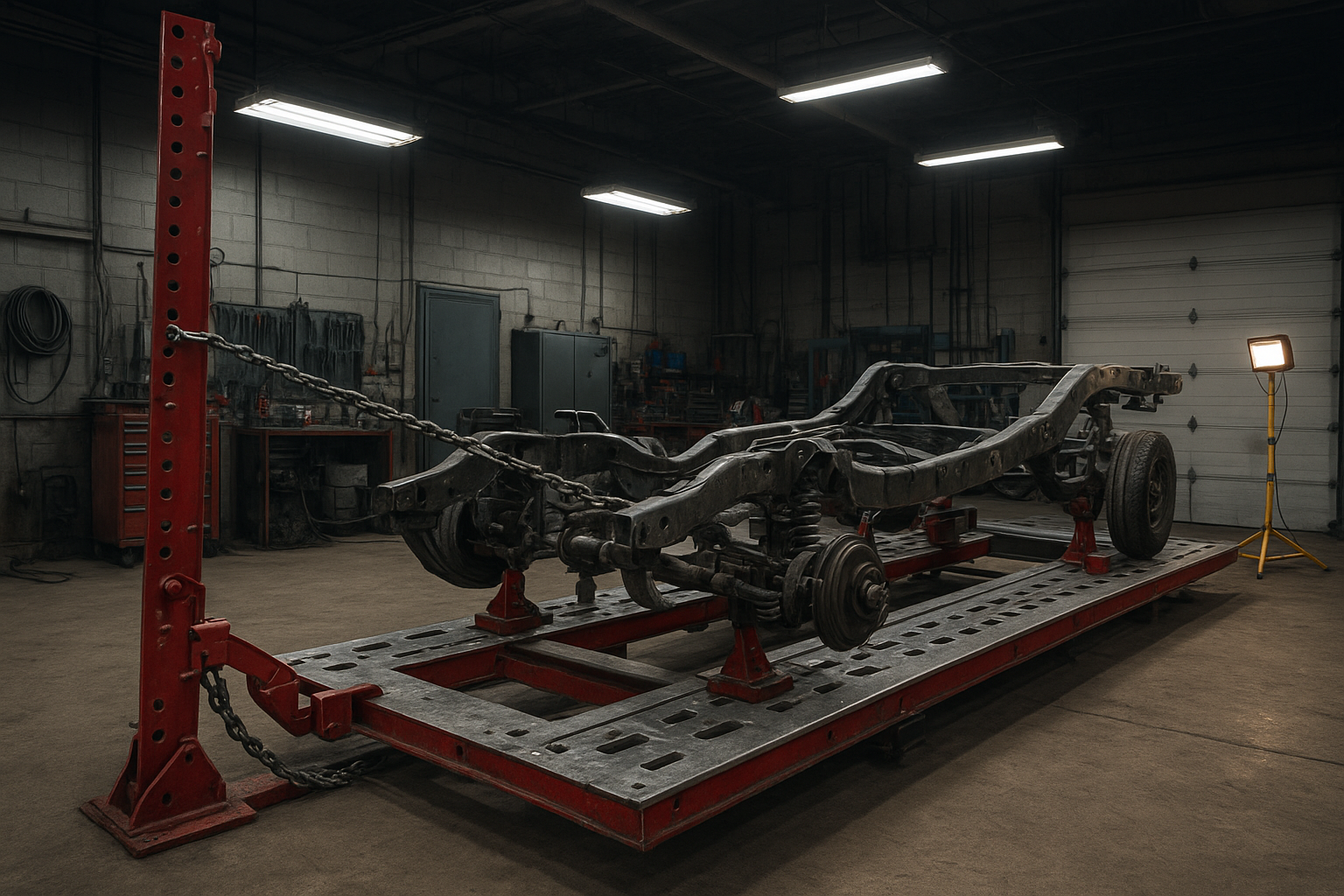 Structural frame straightening equipment used during collision repair