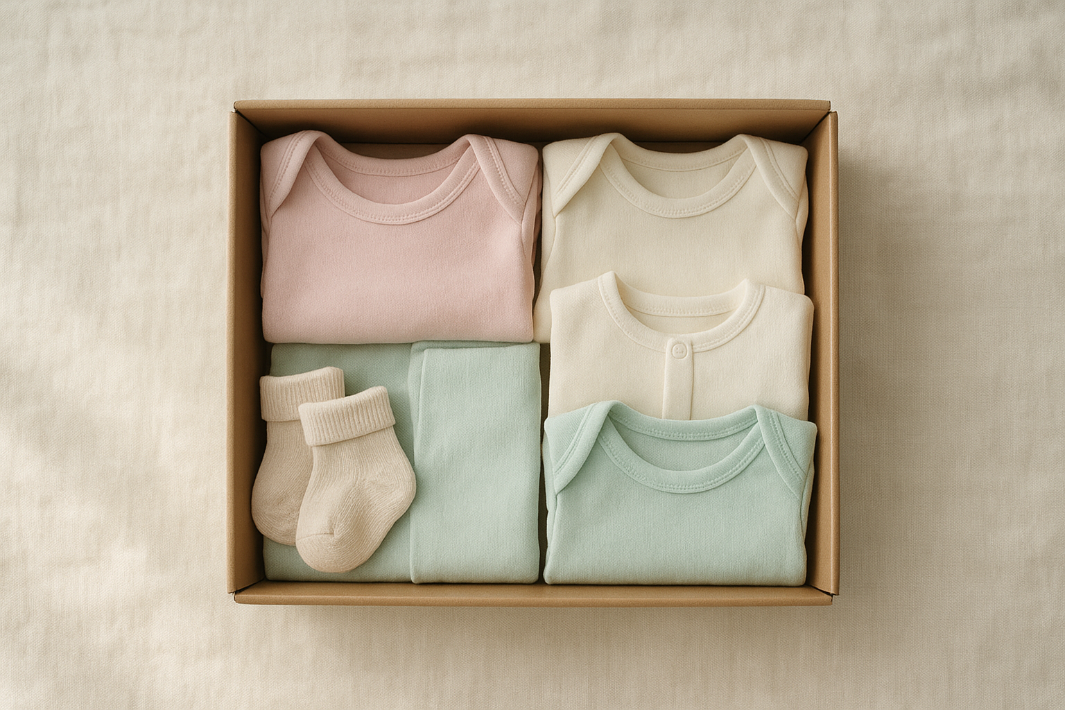 newborn clothing subscription box with pastel baby outfits arranged neatly inside