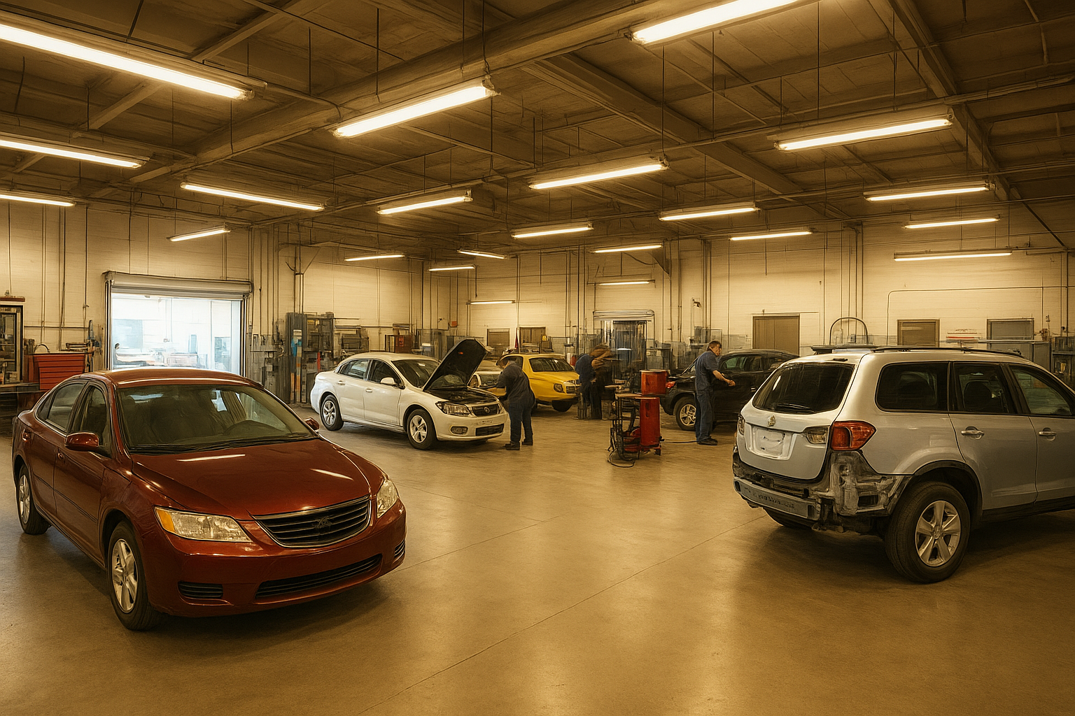Well-organized Orange County auto body shop bay with multiple vehicles undergoing professional collision repair