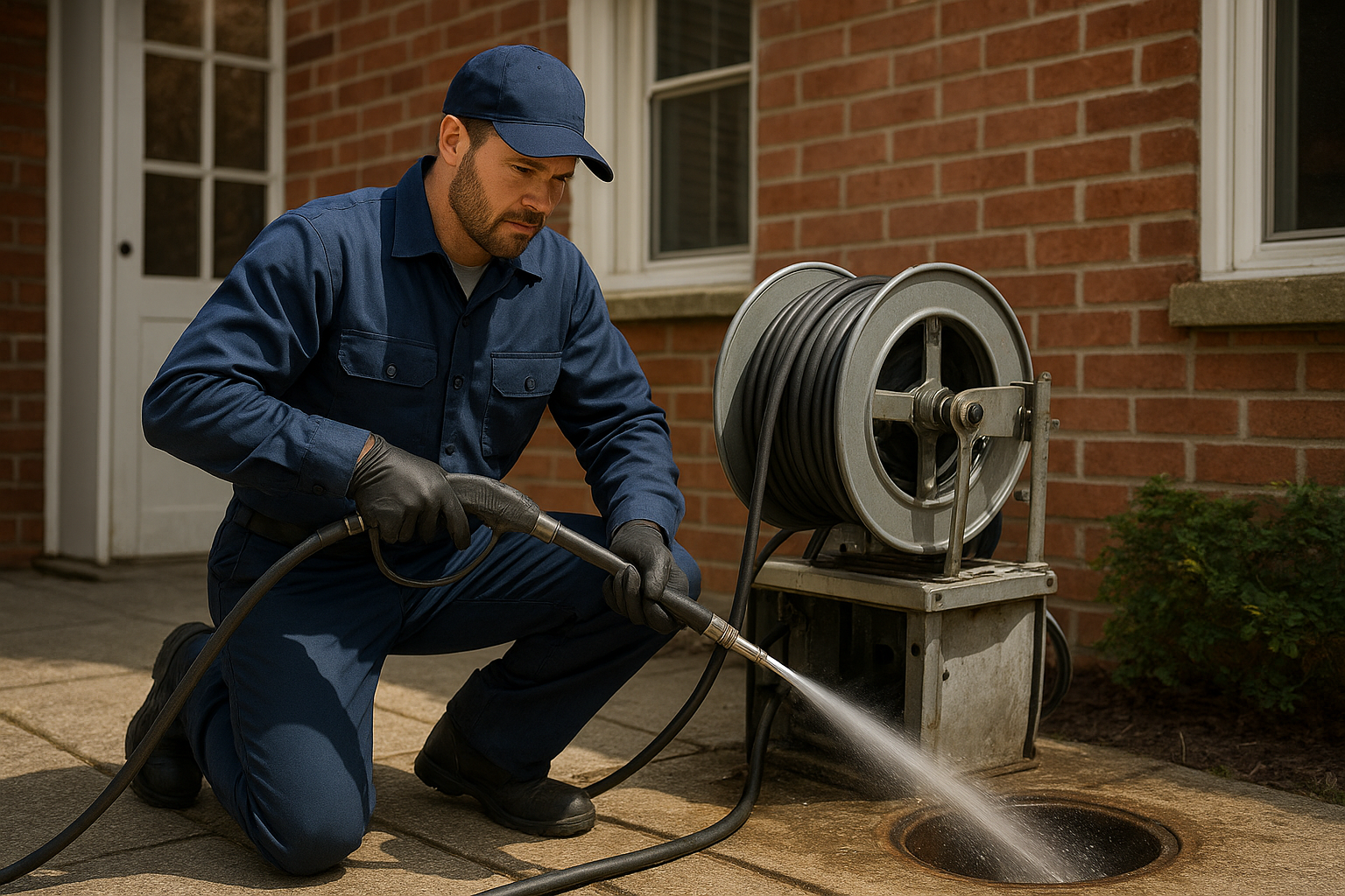 3fe18482_high-pressure-jetting-residential-cleanout Plumber performing high-pressure jetting drain cleaning at a residential cleanout in Kaufman County