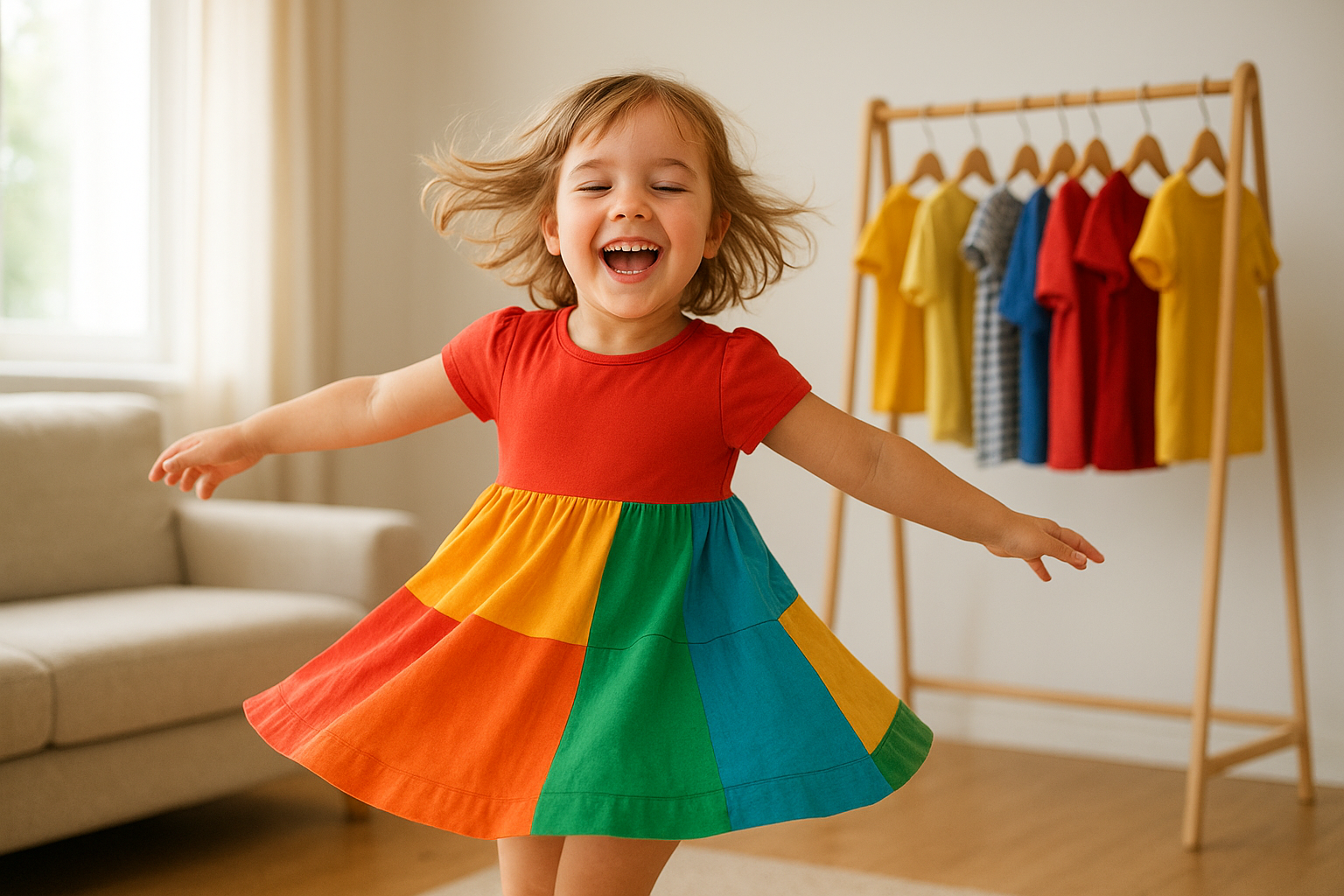 Child wearing a stylish outfit from a rotating wardrobe subscription in a bright living room