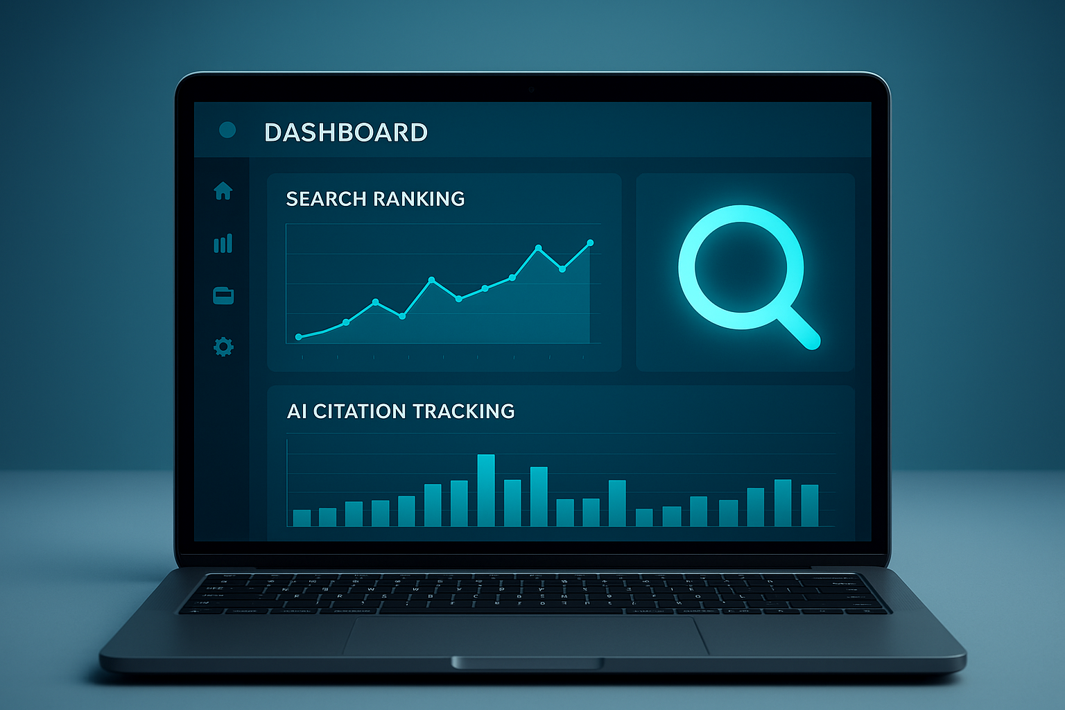 Dashboard screen displaying AI-enhanced search visibility tools tracking rankings and citations