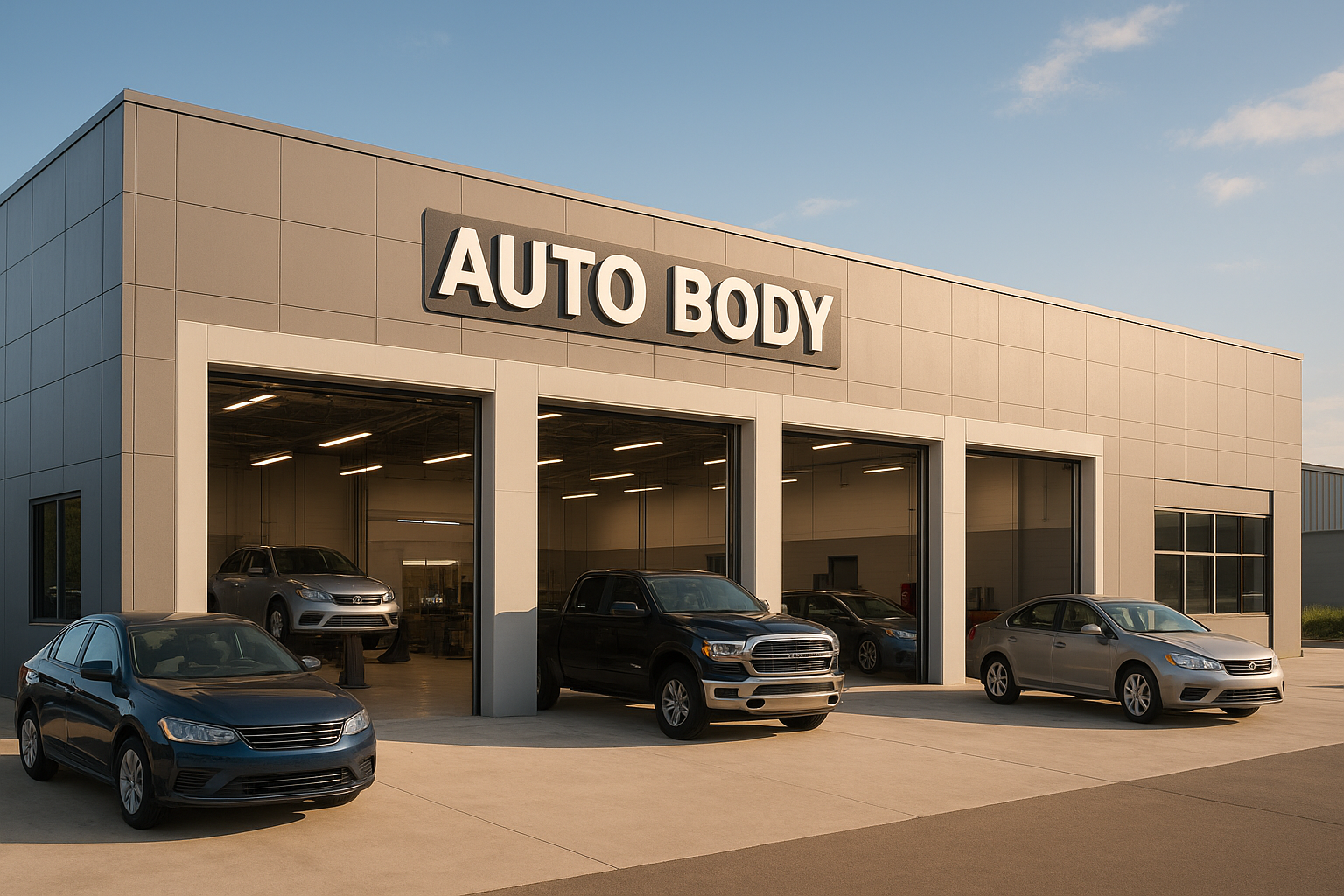 Professional auto body specialty shop exterior with open repair bays and vehicles