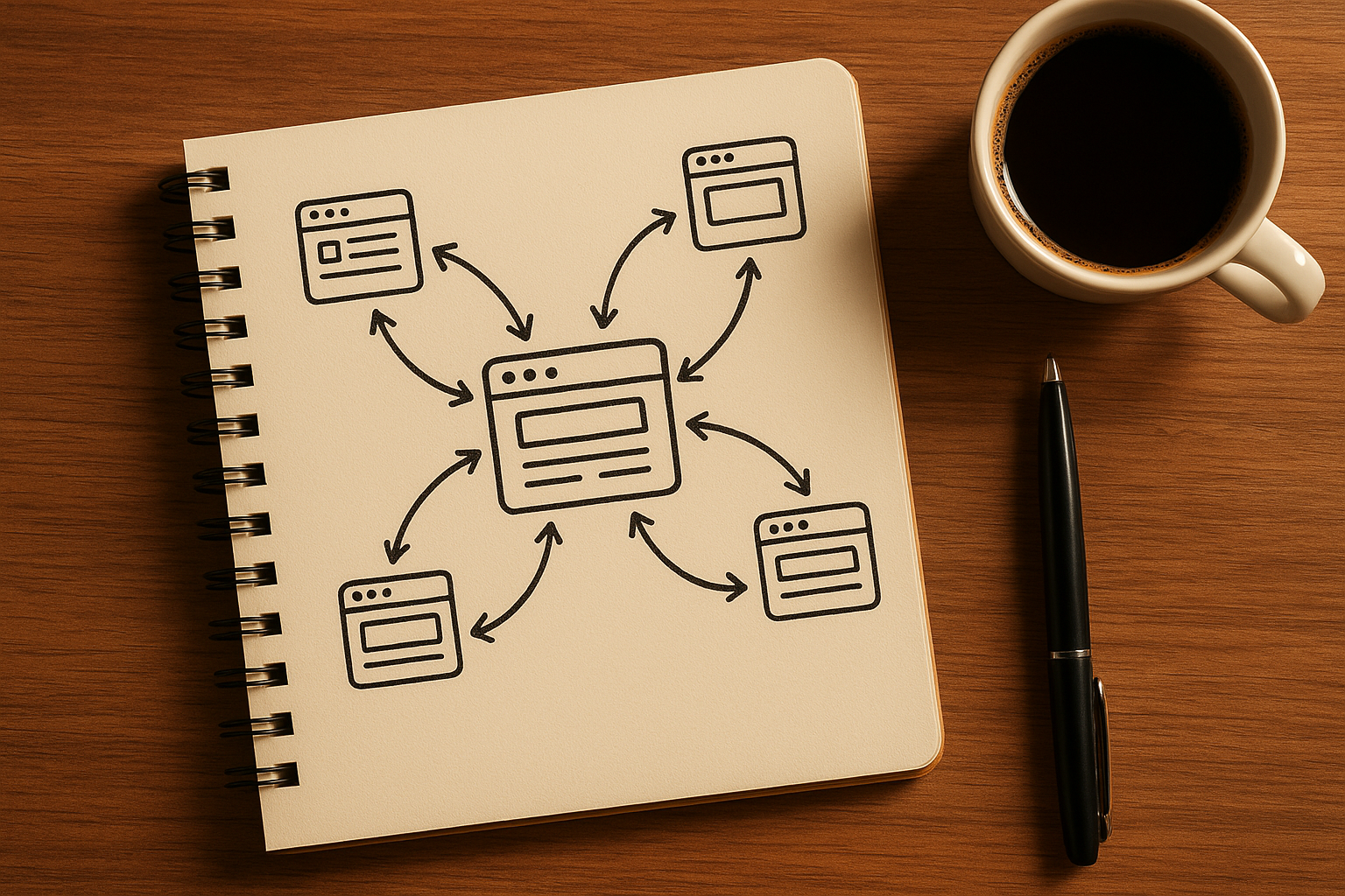 Hand-drawn link building strategy map showing connections between websites for backlink outreach