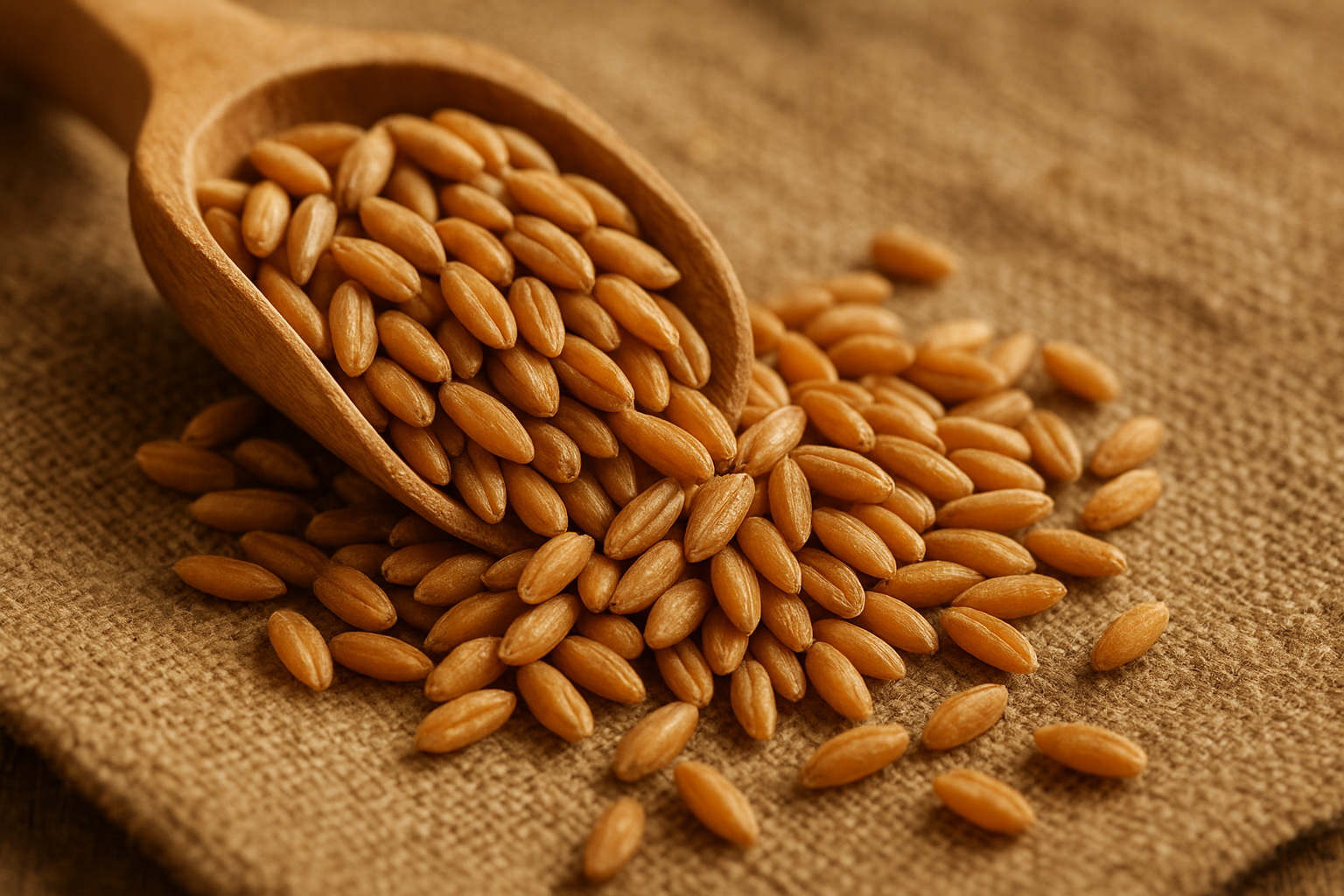 Close-up of raw organic Khorasan ancient grain kernels used by a minimally processed grain brand