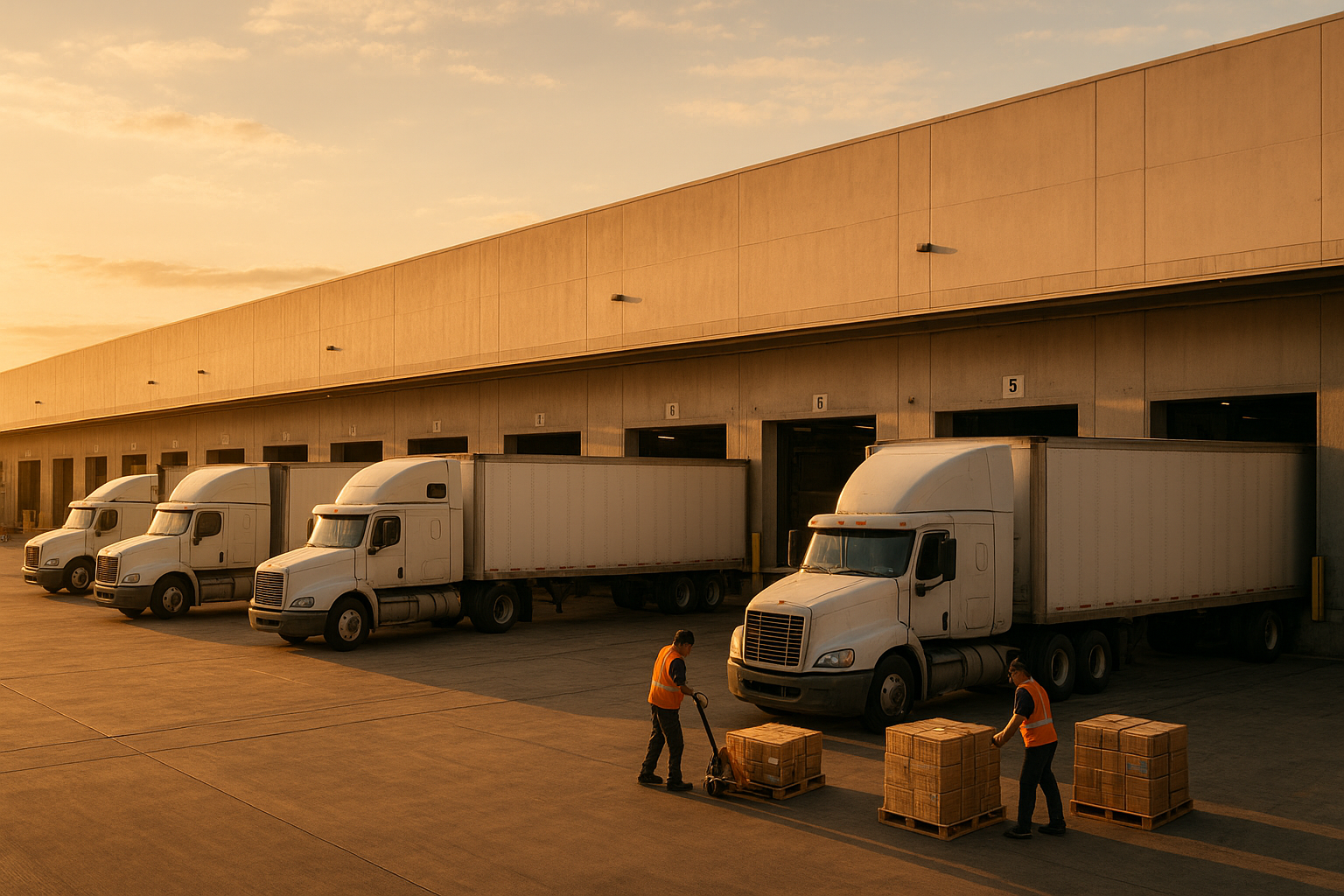 Freight trucks loading pallets at a distribution dock during golden hour