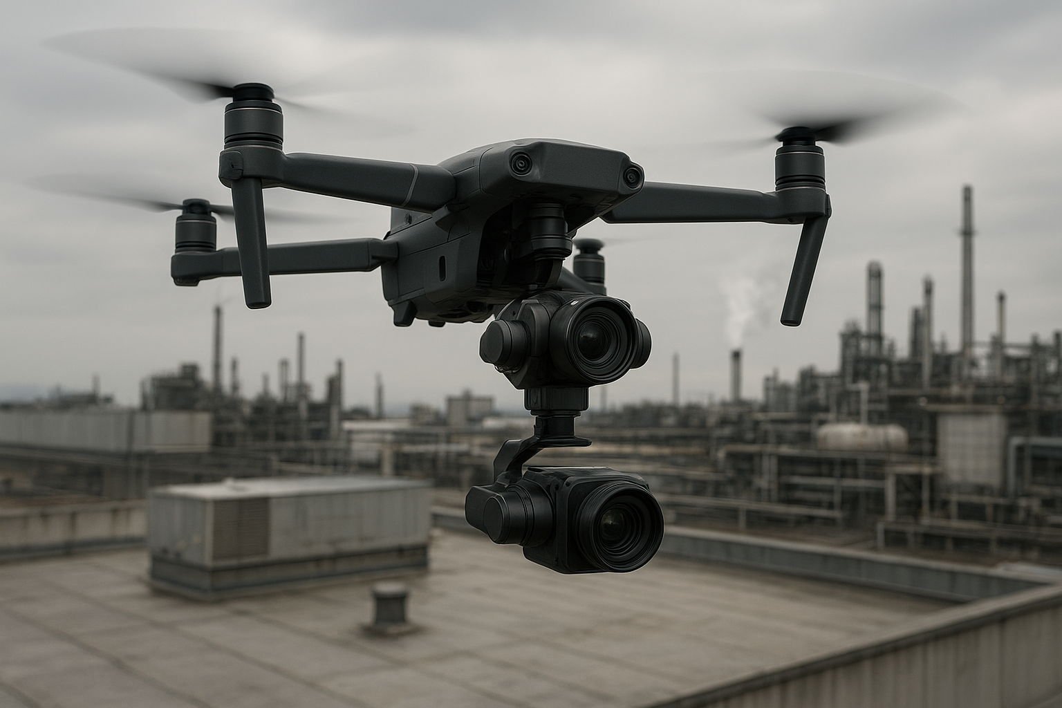Drone conducting a rooftop aerial inspection for commercial property maintenance