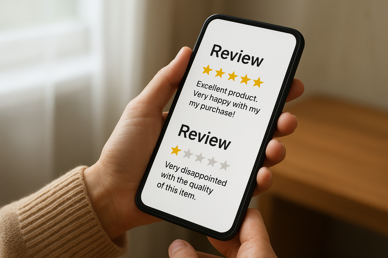 Homeowner comparing five-star and one-star HVAC company reviews on a smartphone