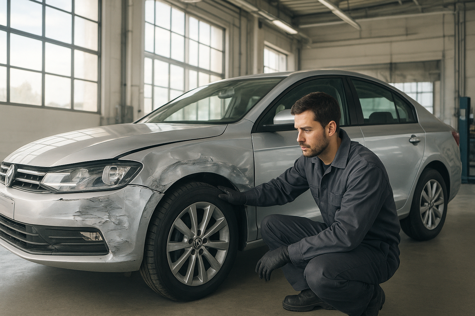 Auto body technician inspecting collision damage at an auto body shop open on Sunday