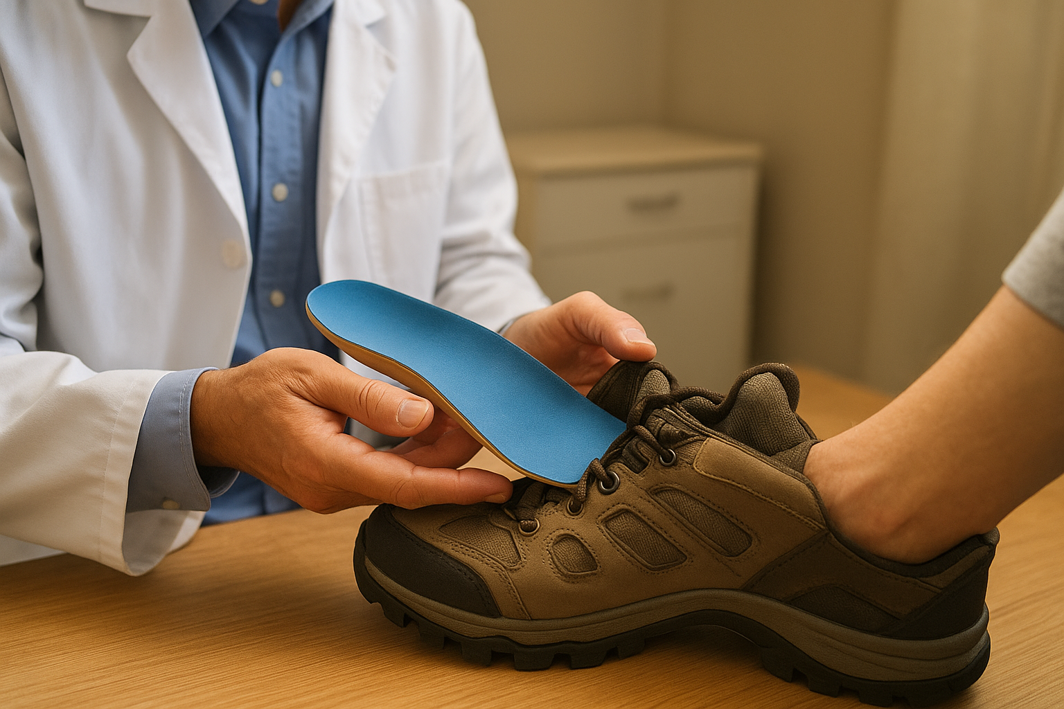 Podiatrist fitting custom orthotics into a hiking shoe during a consultation