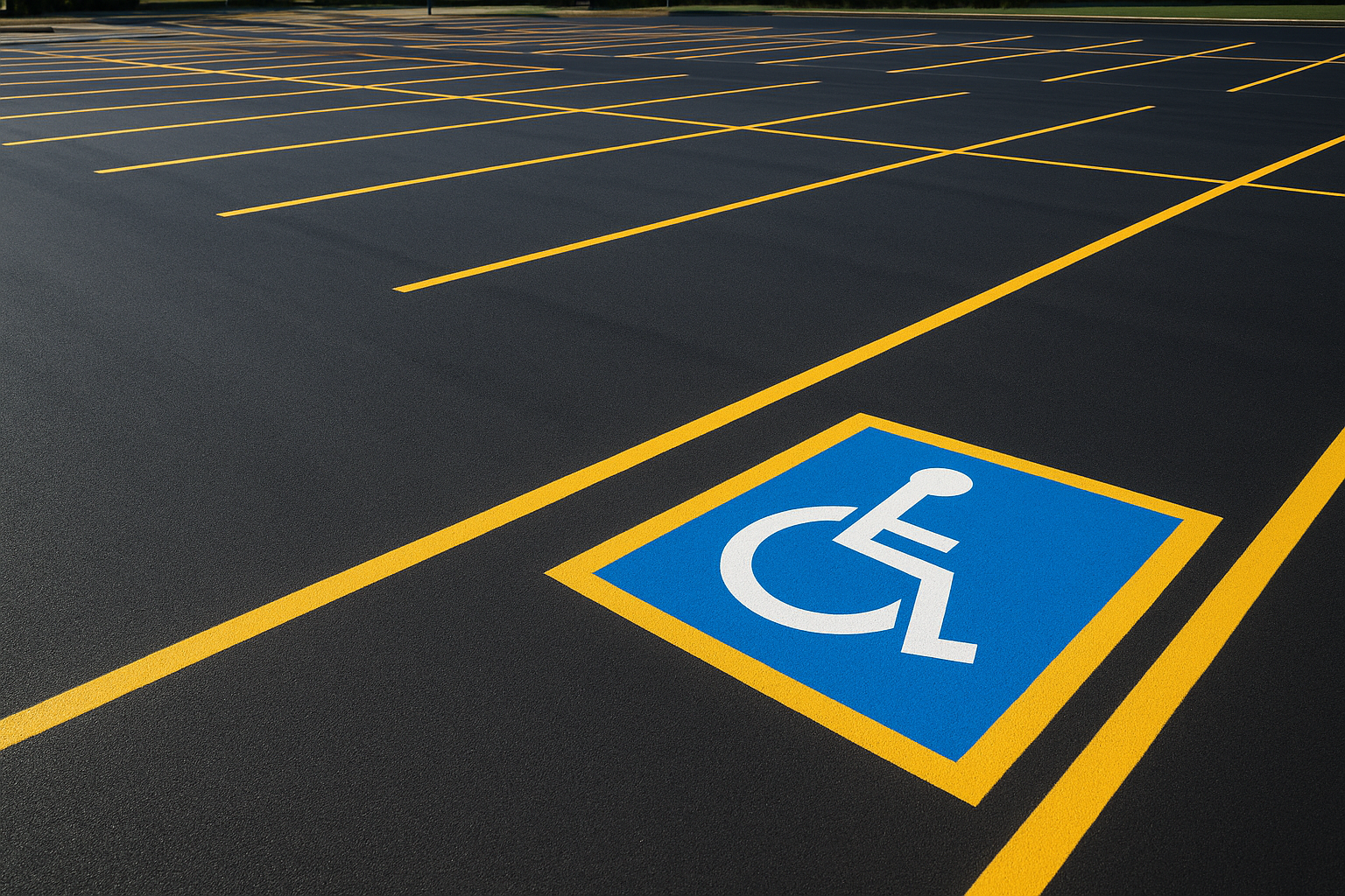 Freshly painted parking lot showing striping and signage solutions in action