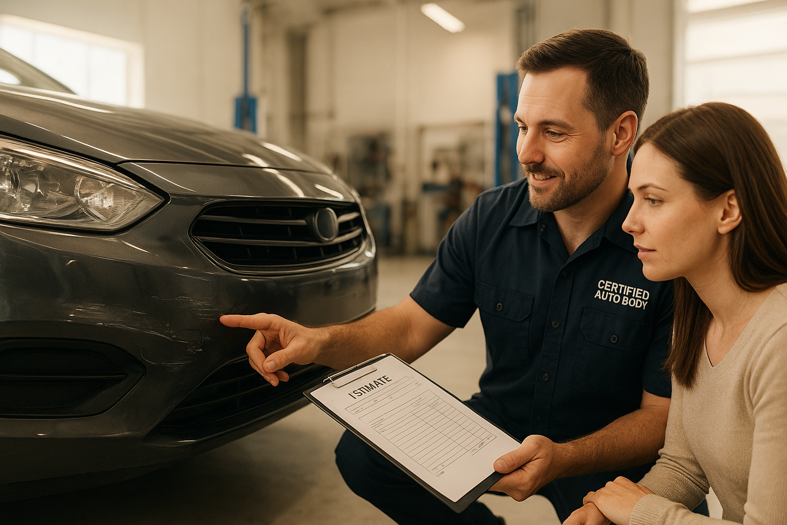 Technician explaining an auto body repair consultation Orange County customer during a vehicle inspection