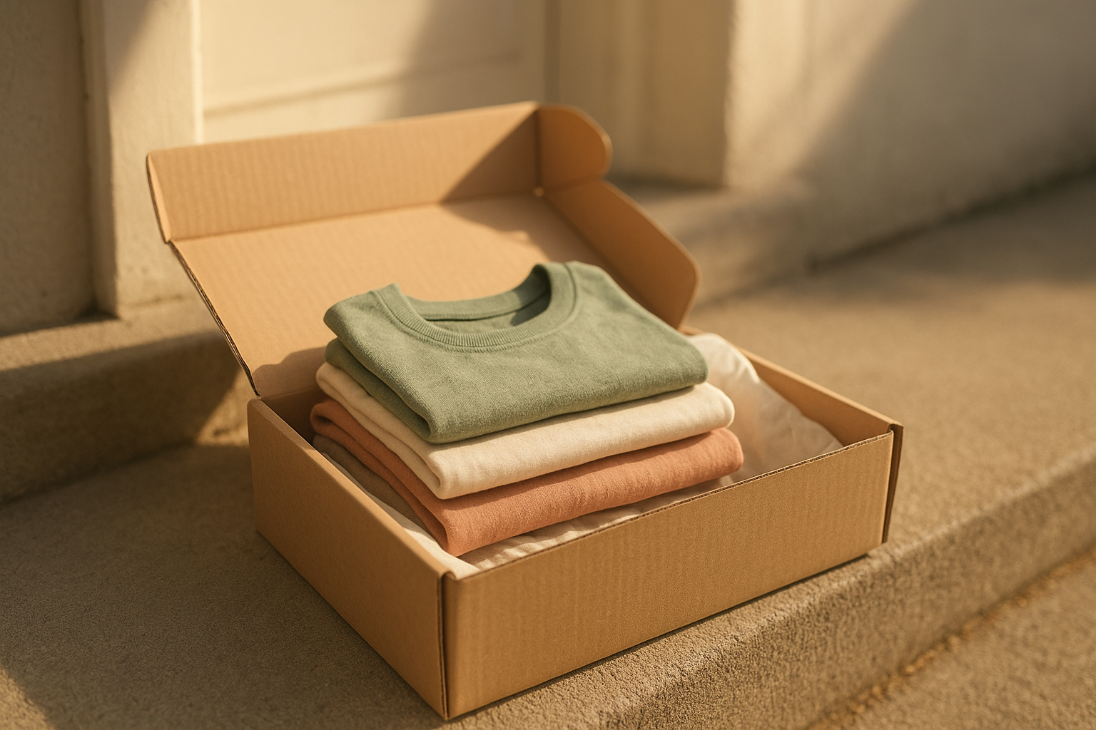 Shipping box of curated children's clothing delivered for a subscription swap
