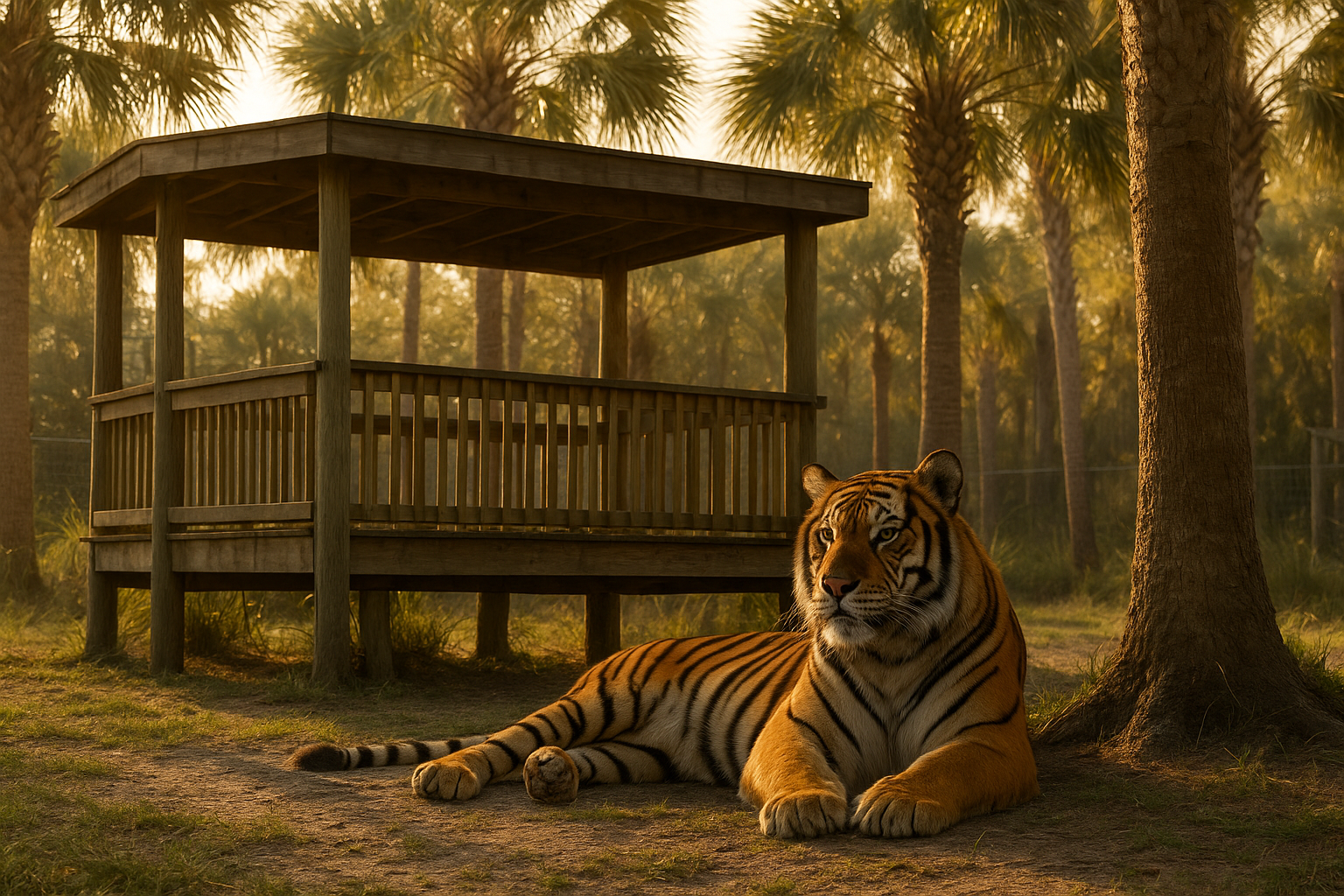 Tiger resting at an outdoor exhibit near Myrtle Beach Tigers Barefoot Landing attraction