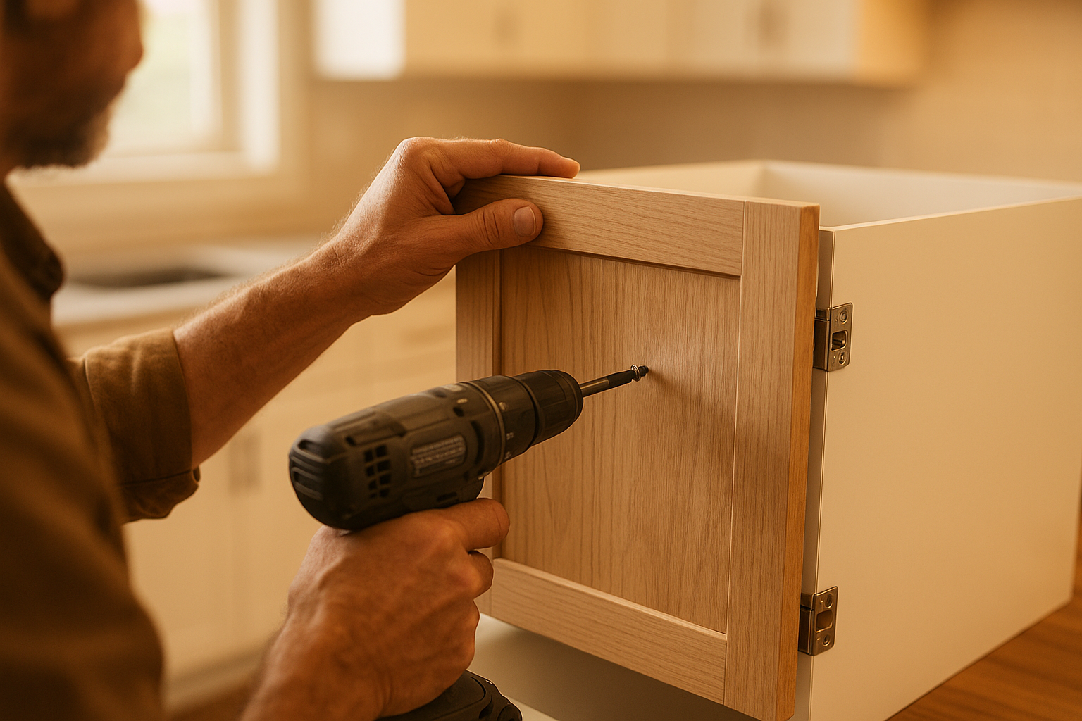 Installer attaching a new door front during a kitchen cabinet refacing project
