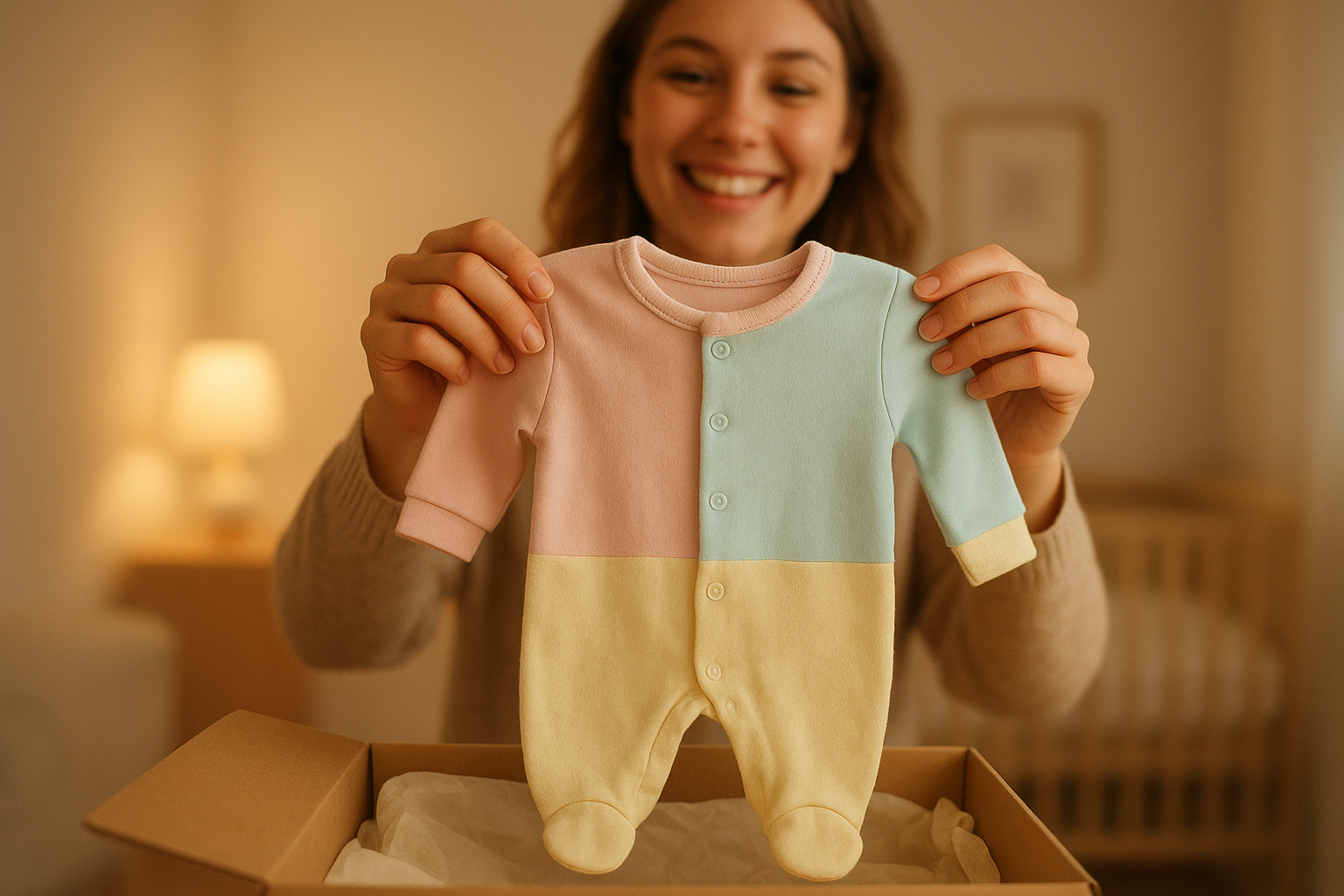 parent unboxing a baby clothing subscription delivery with a soft pastel infant outfit
