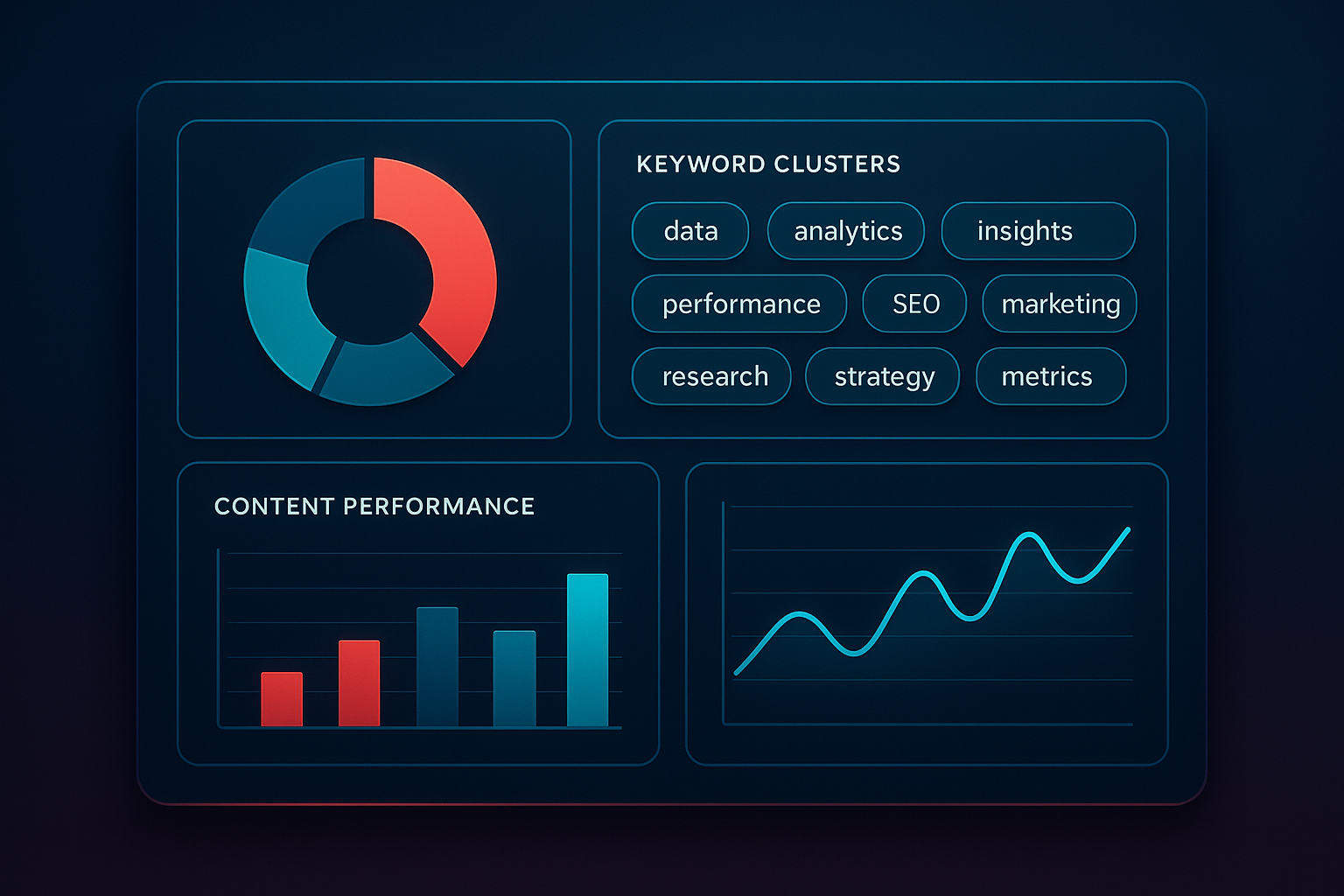 AI content strategy tools dashboard showing keyword clusters and performance analytics