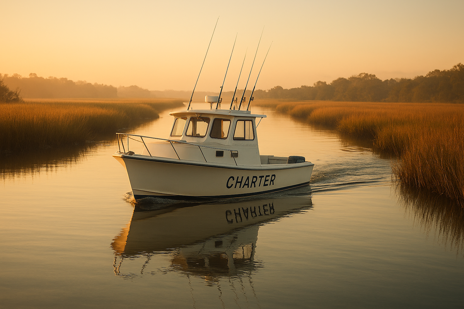 Private charter boat cruising a Murrells Inlet backwater creek at sunrise