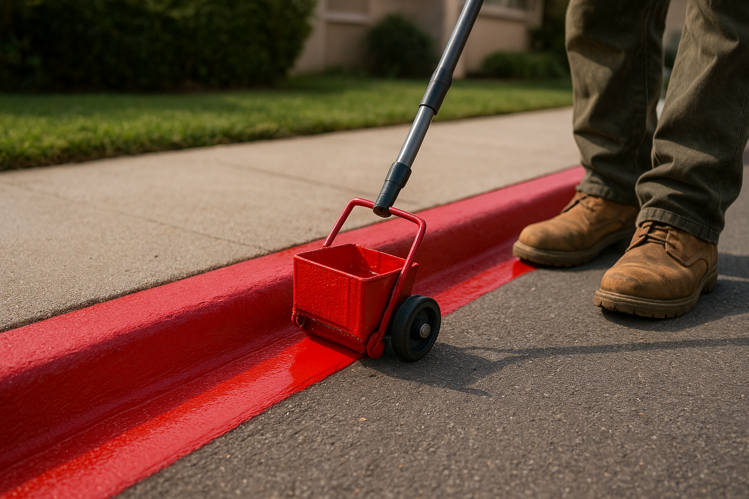 Red fire lane curb marking freshly applied along a residential community driveway