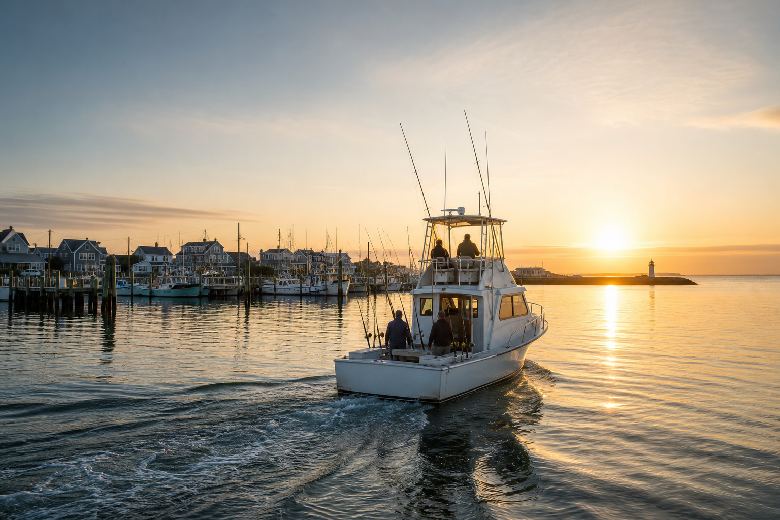 Charter fishing boat departing the dock at sunrise before a hands-on fishing instruction tour