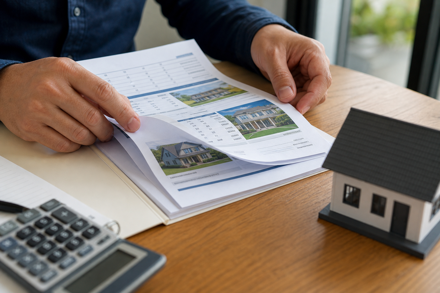 Investor comparing printed property comp report pages before making an offer