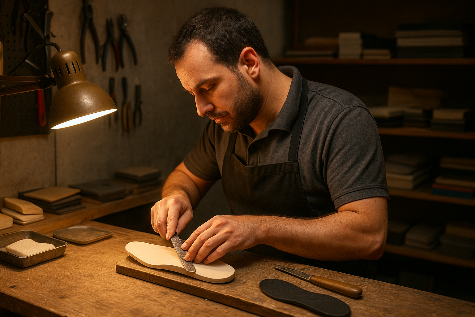 Lab technician fabricating a custom orthotic device from a patient foot mold
