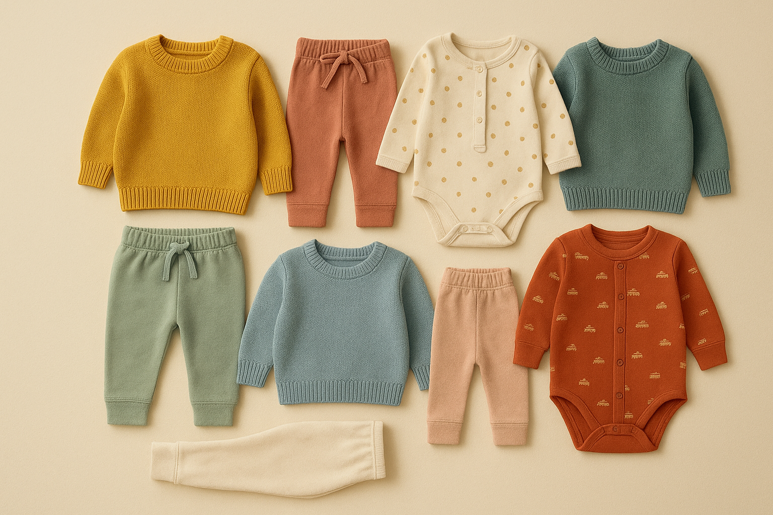 Curated children's apparel rental clothing bundle laid out on a cream background