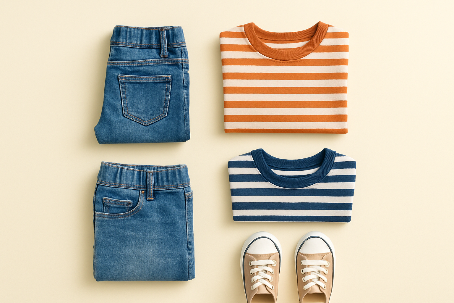 Flat-lay of mixed budget-friendly kids clothing items including jeans and striped shirts