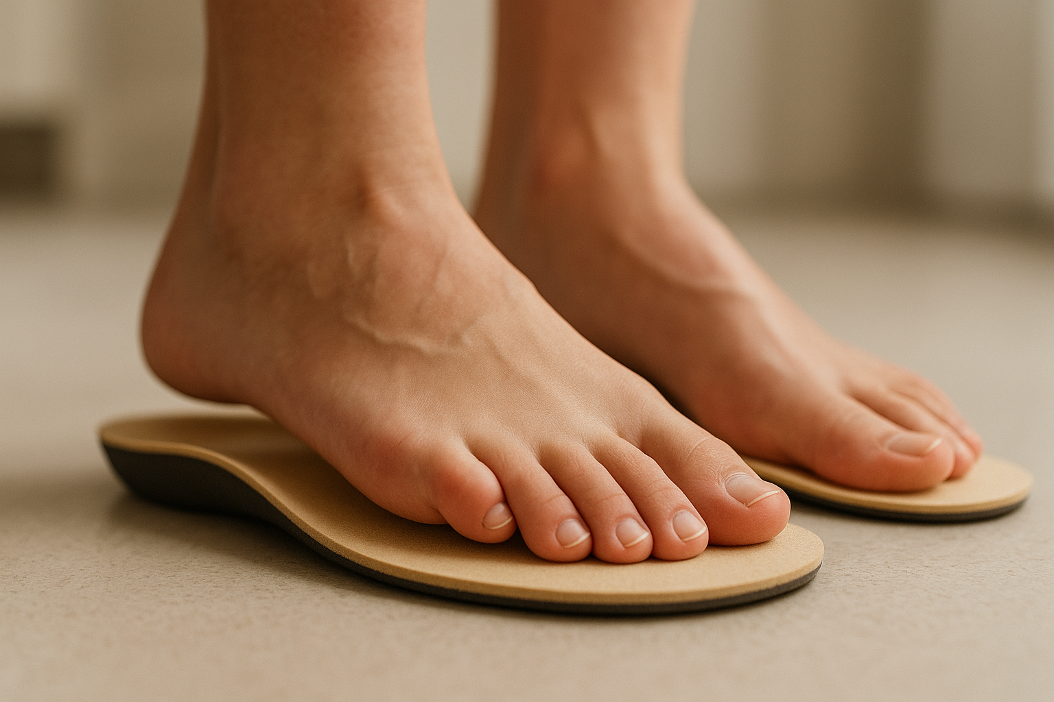 Close-up of feet resting on postural support orthotics showing arch contouring