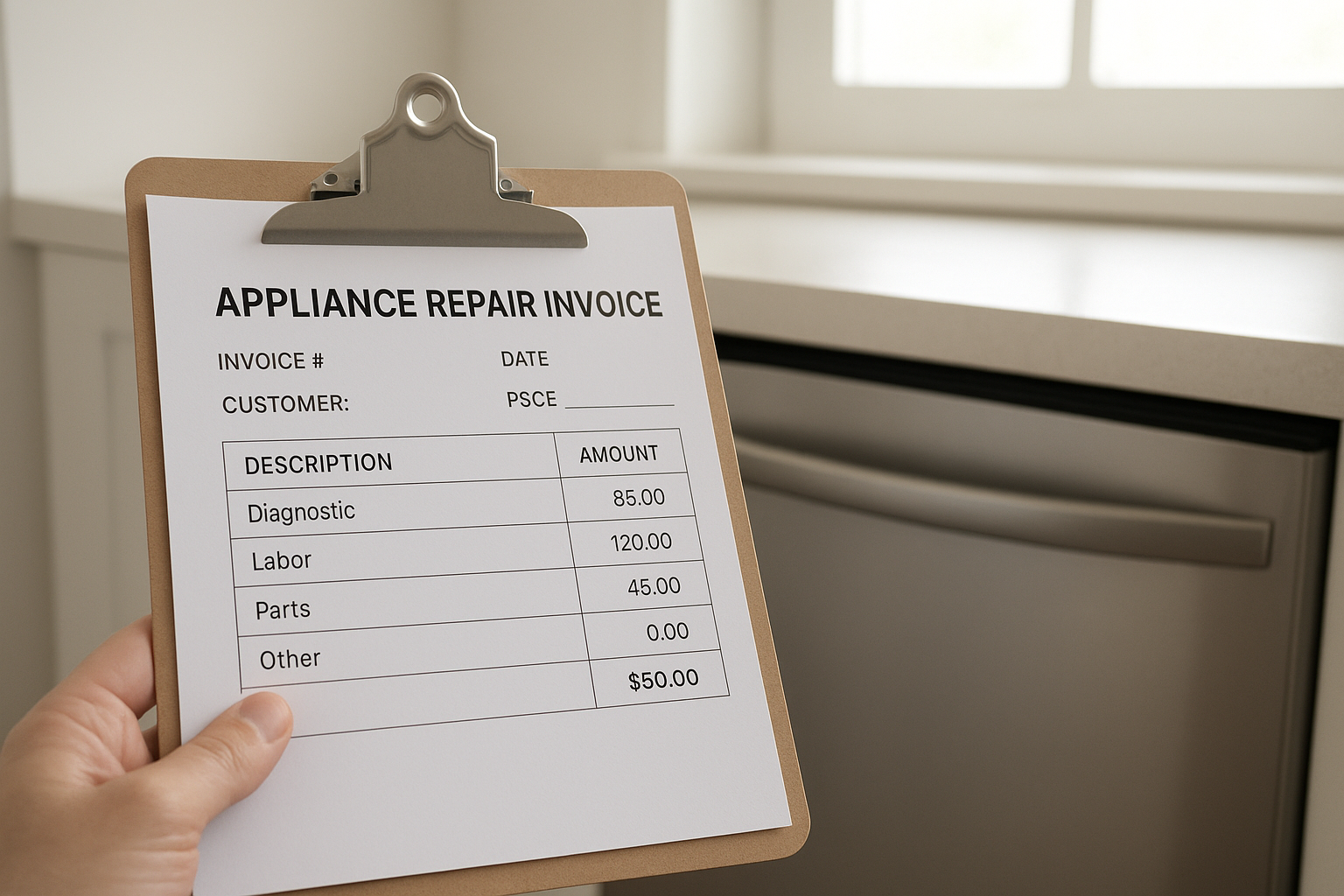 Itemized appliance repair estimate document next to a dishwasher in a Santa Rosa kitchen