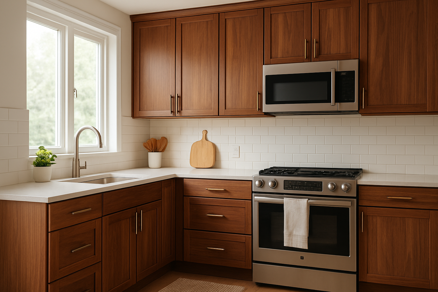 Kitchen with refaced cabinet doors showcasing an updated walnut finish