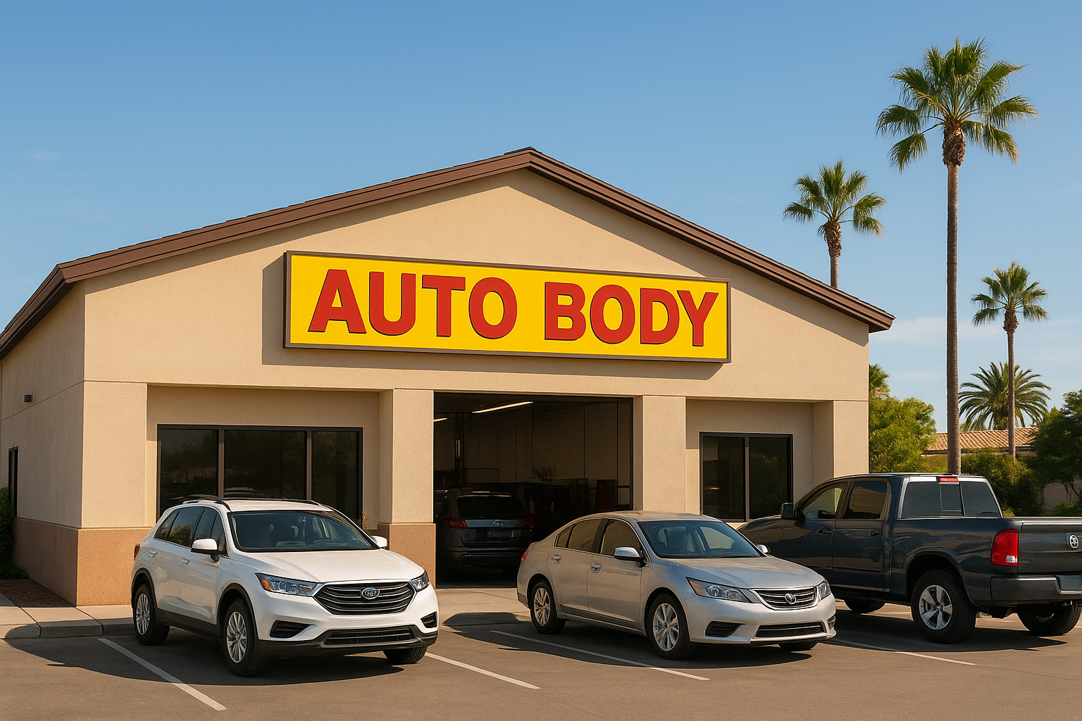 Exterior of a professional auto body repair shop in a sunny California suburb