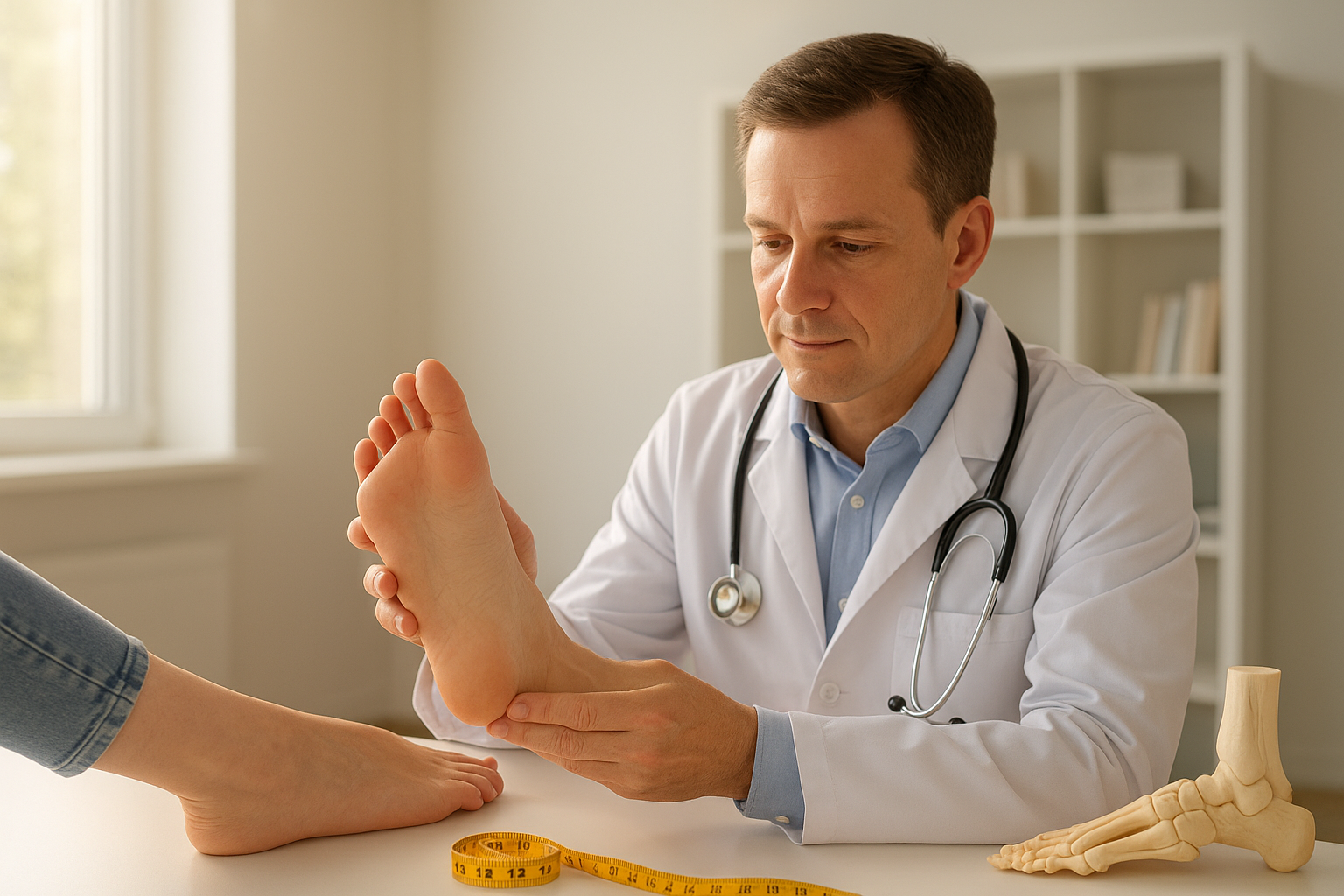 Podiatrist evaluating a patient's foot before recommending orthopedic footwear