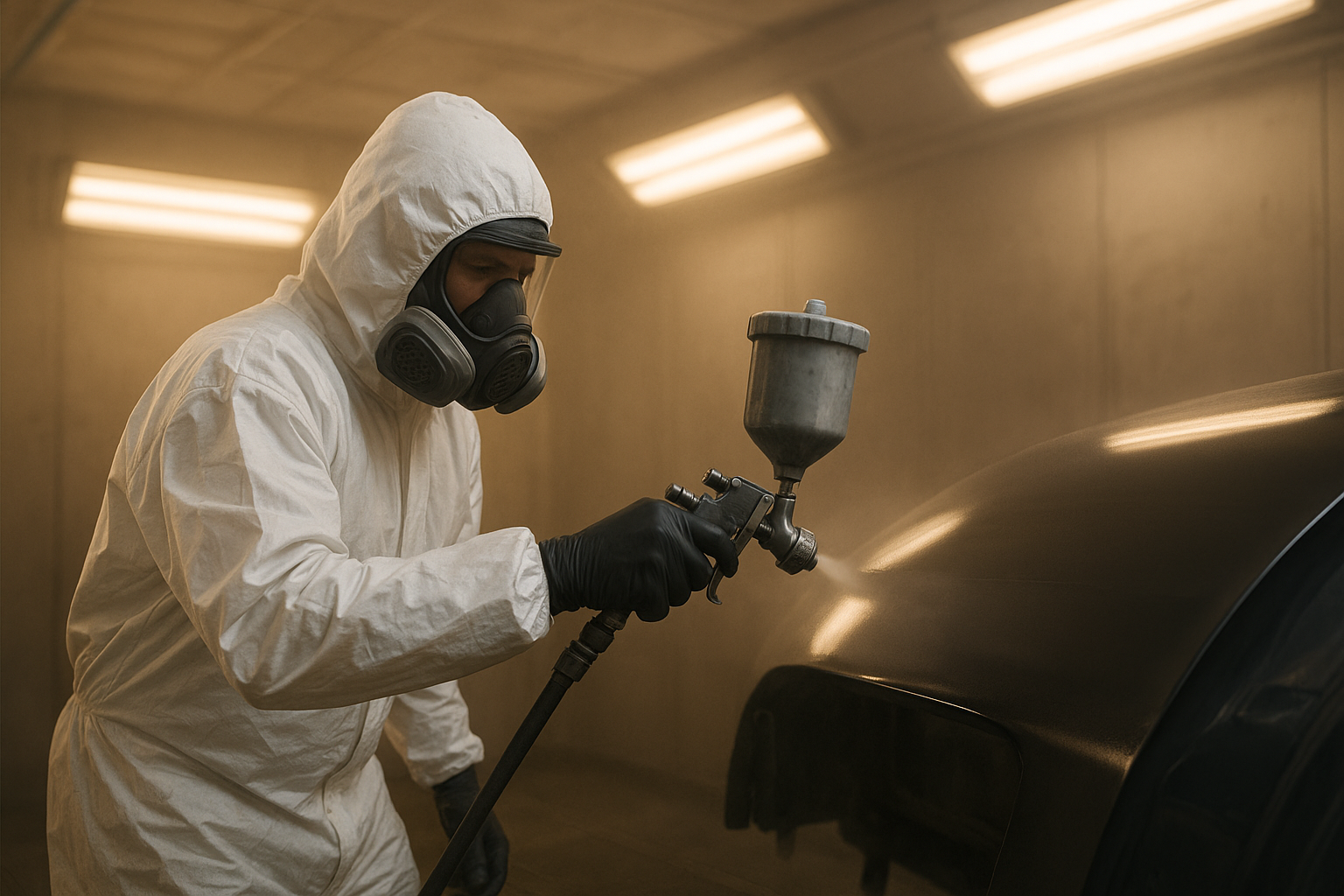 Technician applying full vehicle paint services Brea inside a professional spray booth