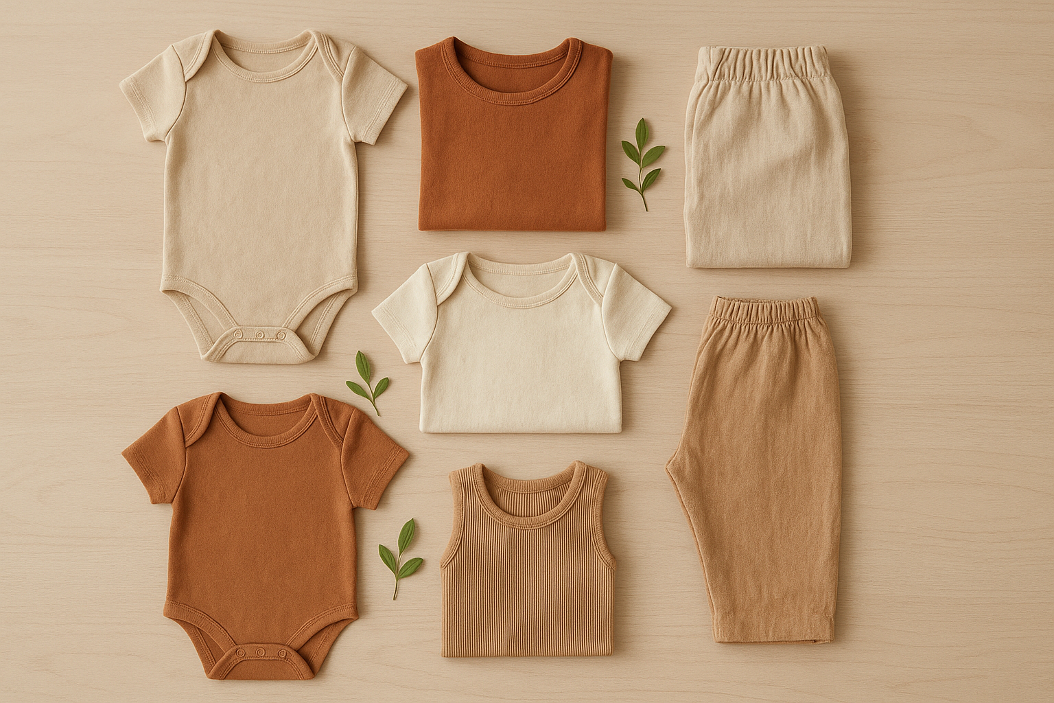 flat lay of sustainable eco-friendly children's clothing in organic cotton and linen fabrics