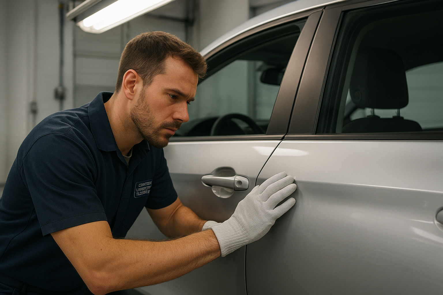 Technician inspecting a vehicle panel as part of professional auto body services