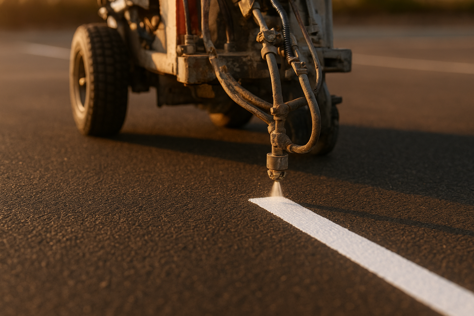 Professional line striping machine applying white parking lot markings to smooth asphalt during a commercial striping project